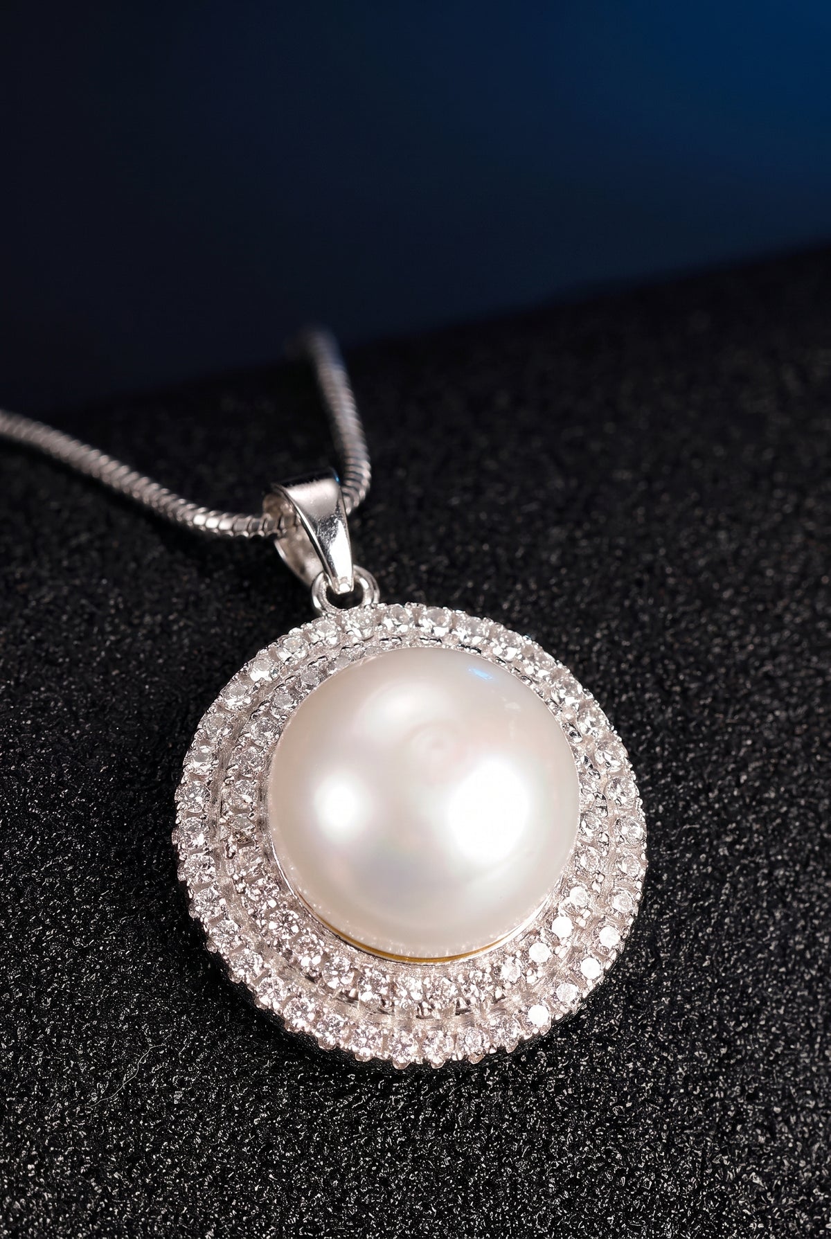 Freshwater Pearl Necklace for Women, Double Halo Round Pearl Pendant with Pave Stone Accents, Everyday Fashion Jewelry