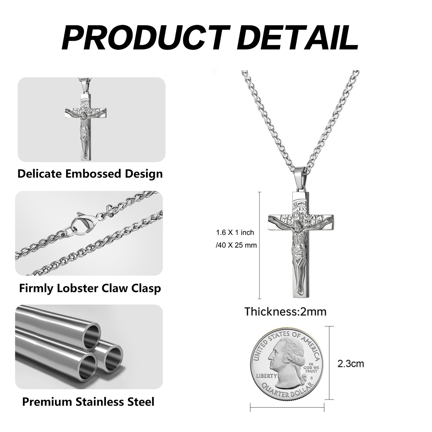 Cross Necklace for Men Women, Stainless Steel Crucifix Cross with Curb Chain Wheat Chain, Religious Faith Jewelry, Gift for Family