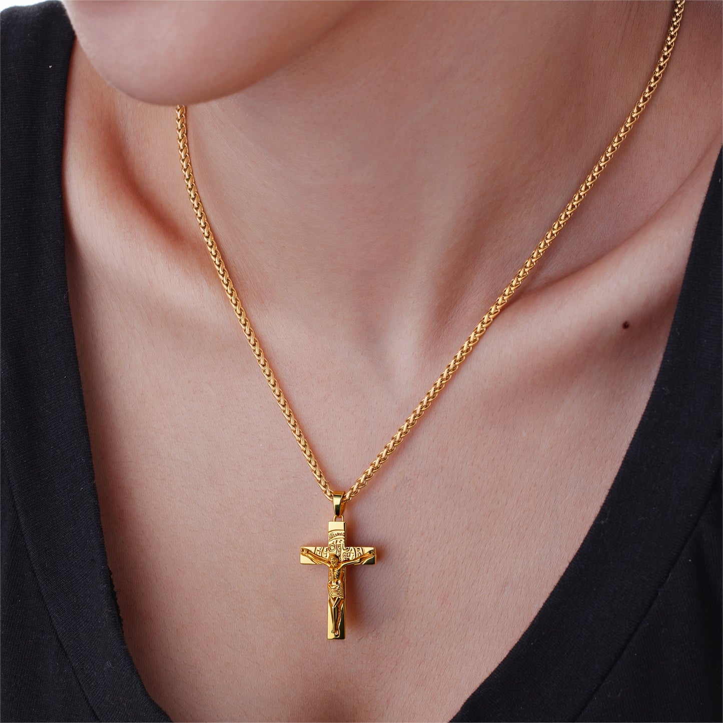 Cross Necklace for Men Women, Stainless Steel Crucifix Cross with Curb Chain Wheat Chain, Religious Faith Jewelry, Gift for Family