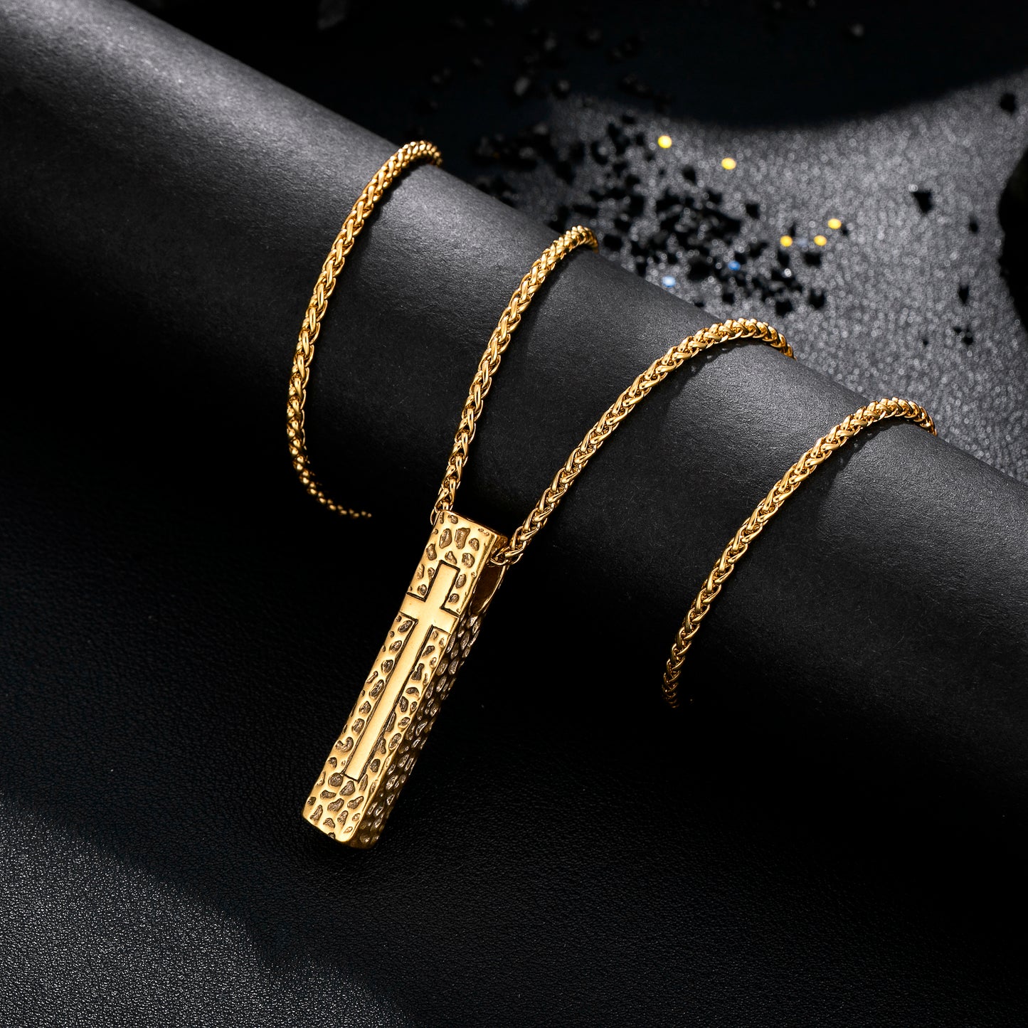 Cross Necklace for Men Women, Stainless Steel Textured Bar Design with Wheat Chain, Religious Faith Jewelry Gift