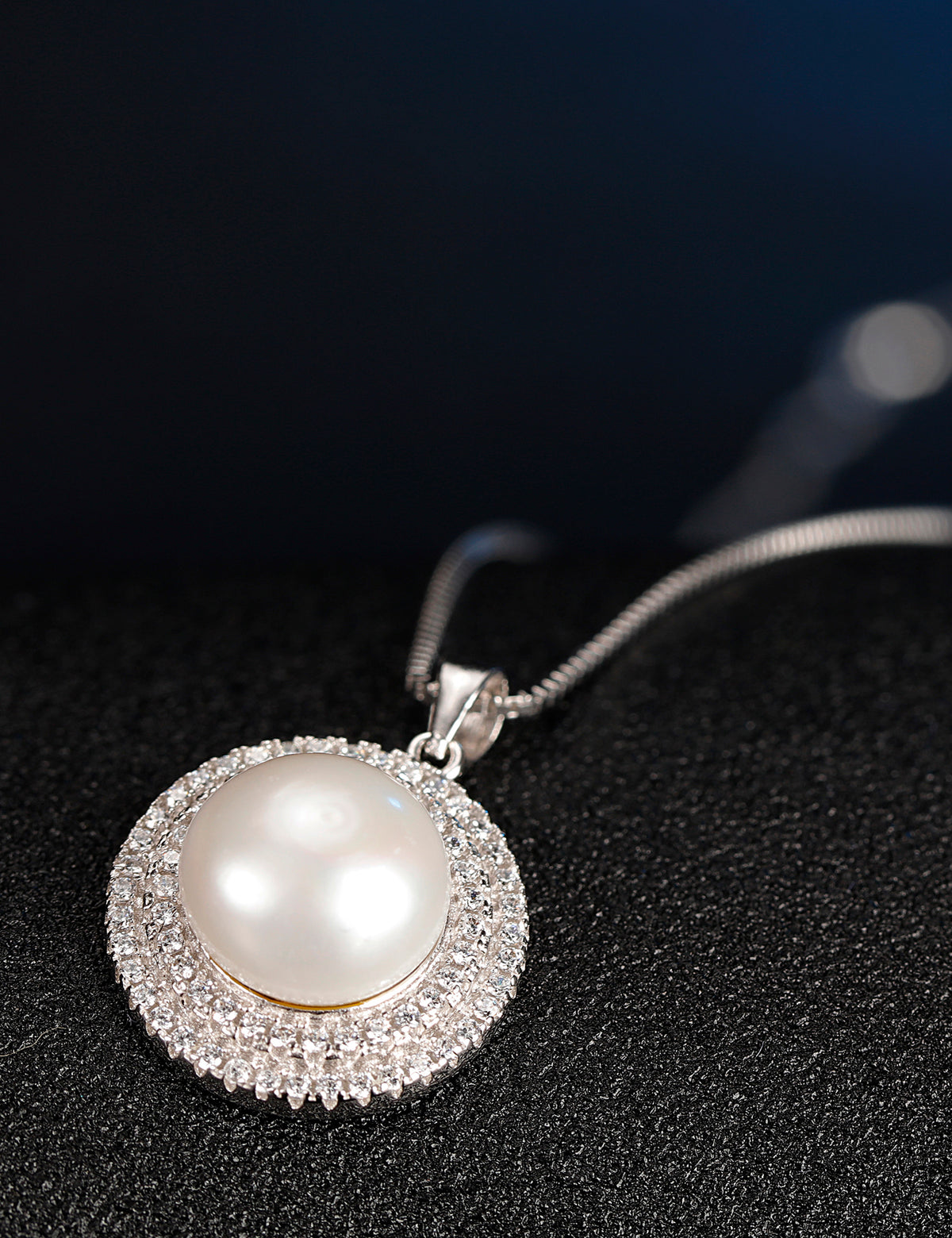 Freshwater Pearl Necklace for Women, Double Halo Round Pearl Pendant with Pave Stone Accents, Everyday Fashion Jewelry