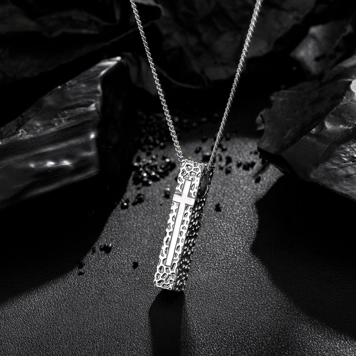 Cross Necklace for Men Women, Stainless Steel Textured Bar Design with Wheat Chain, Religious Faith Jewelry Gift