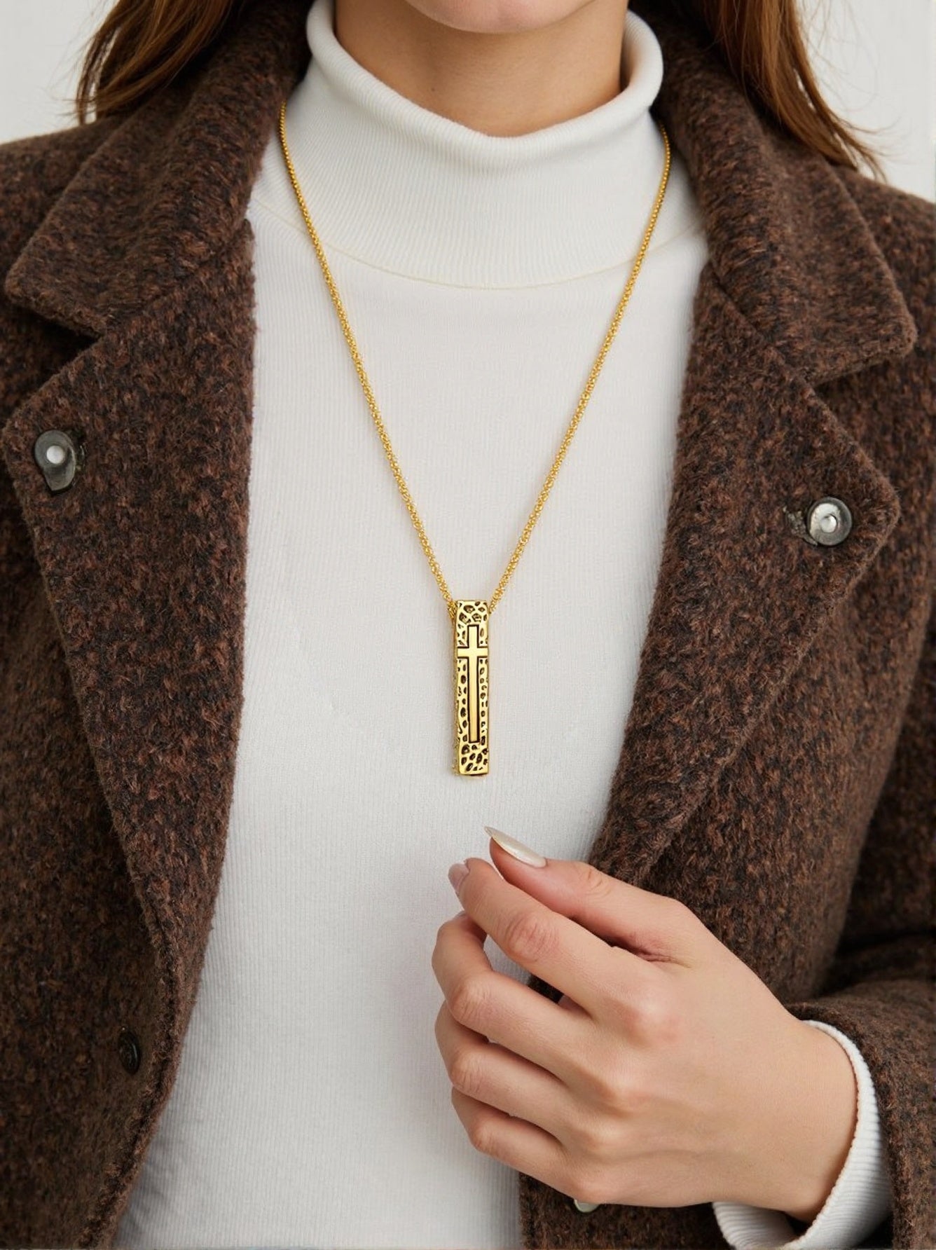 Cross Necklace for Men Women, Stainless Steel Textured Bar Design with Wheat Chain, Religious Faith Jewelry Gift