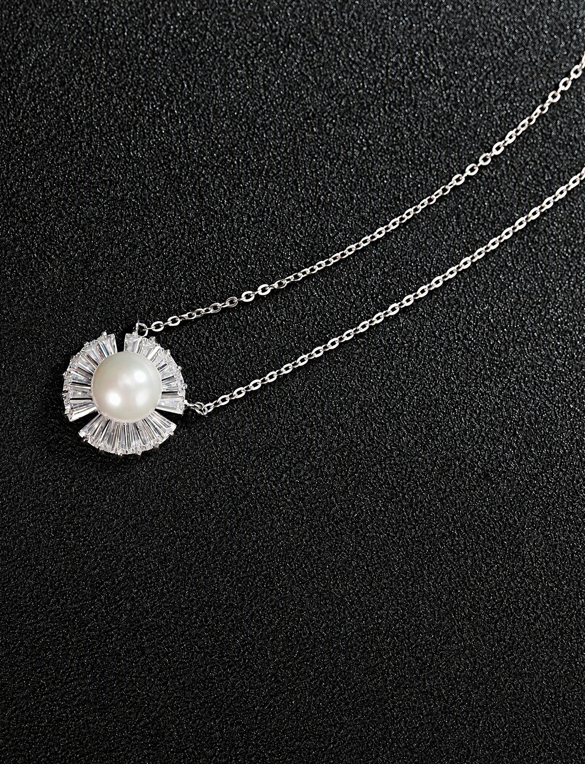 Freshwater Pearl Necklace for Women, Sunburst Pearl Pendant with Radiating Baguette Style Stone Accents, Daily Jewelry