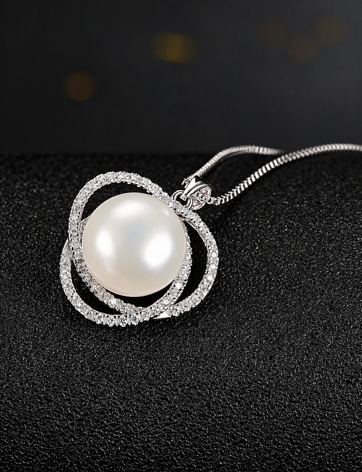 Freshwater Pearl Necklace for Women, Interlocking Circle Pendant with Pave Stone Accents, Modern Everyday Jewelry