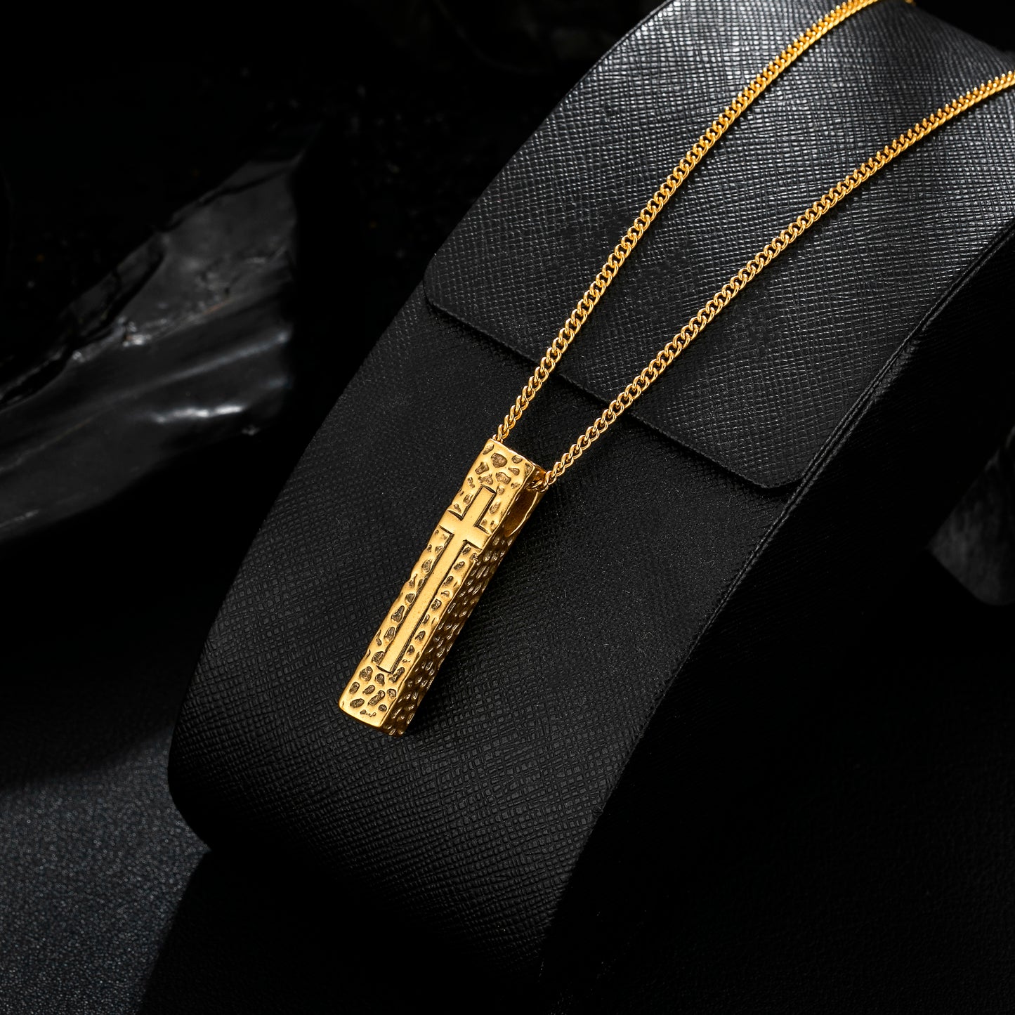 Cross Necklace for Men Women, Stainless Steel Textured Bar Design with Wheat Chain, Religious Faith Jewelry Gift