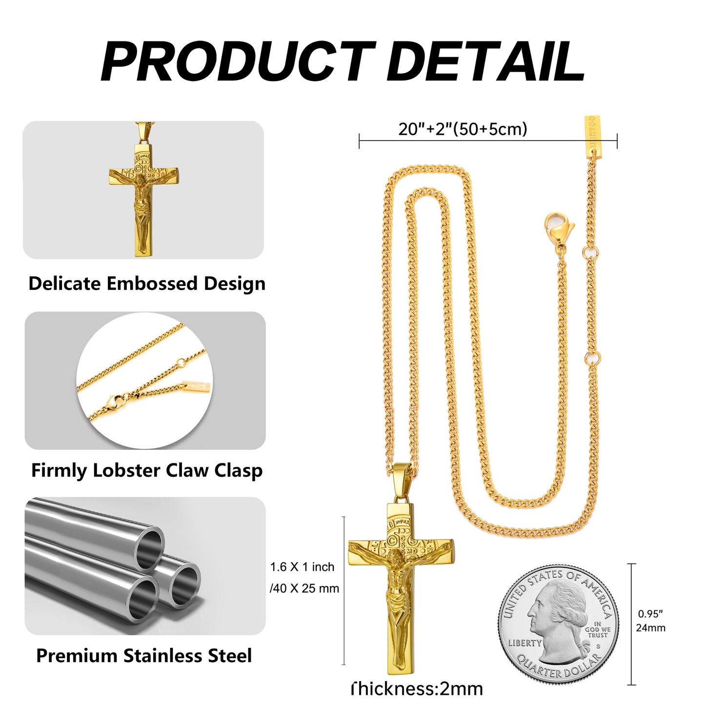 Cross Necklace for Men Women, Stainless Steel Crucifix Cross with Curb Chain Wheat Chain, Religious Faith Jewelry, Gift for Family