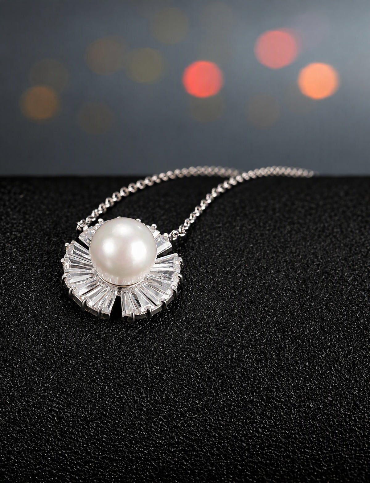 Freshwater Pearl Necklace for Women, Sunburst Pearl Pendant with Radiating Baguette Style Stone Accents, Daily Jewelry