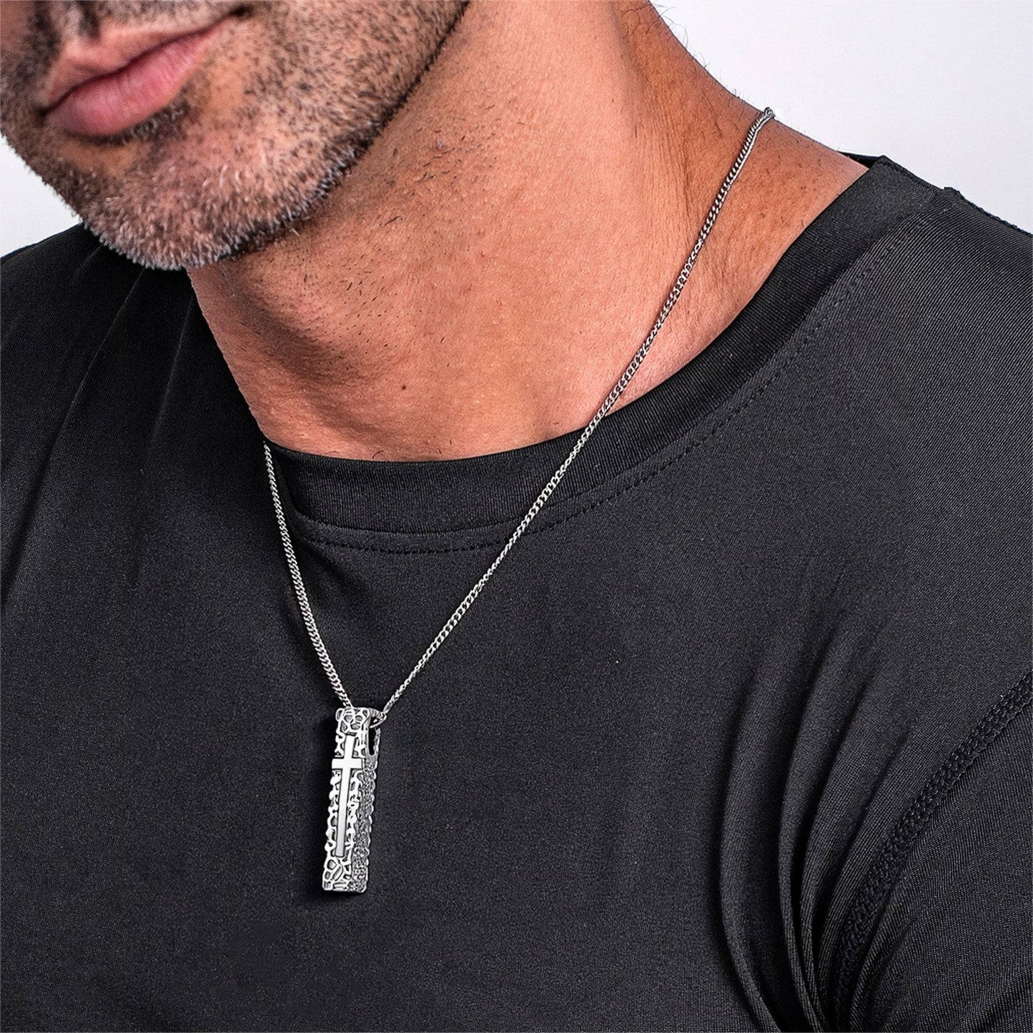 Cross Necklace for Men Women, Stainless Steel Textured Bar Design with Wheat Chain, Religious Faith Jewelry Gift