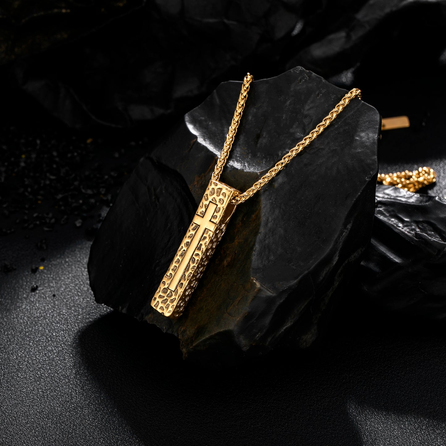 Cross Necklace for Men Women, Stainless Steel Textured Bar Design with Wheat Chain, Religious Faith Jewelry Gift