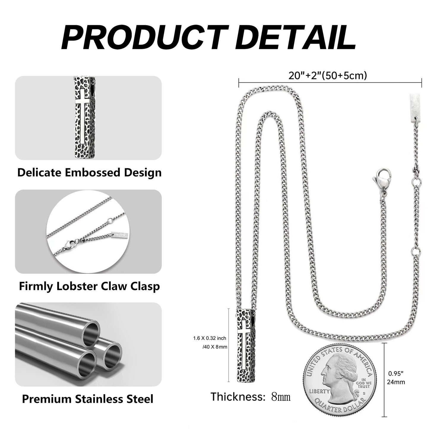 Cross Necklace for Men Women, Stainless Steel Textured Bar Design with Wheat Chain, Religious Faith Jewelry Gift