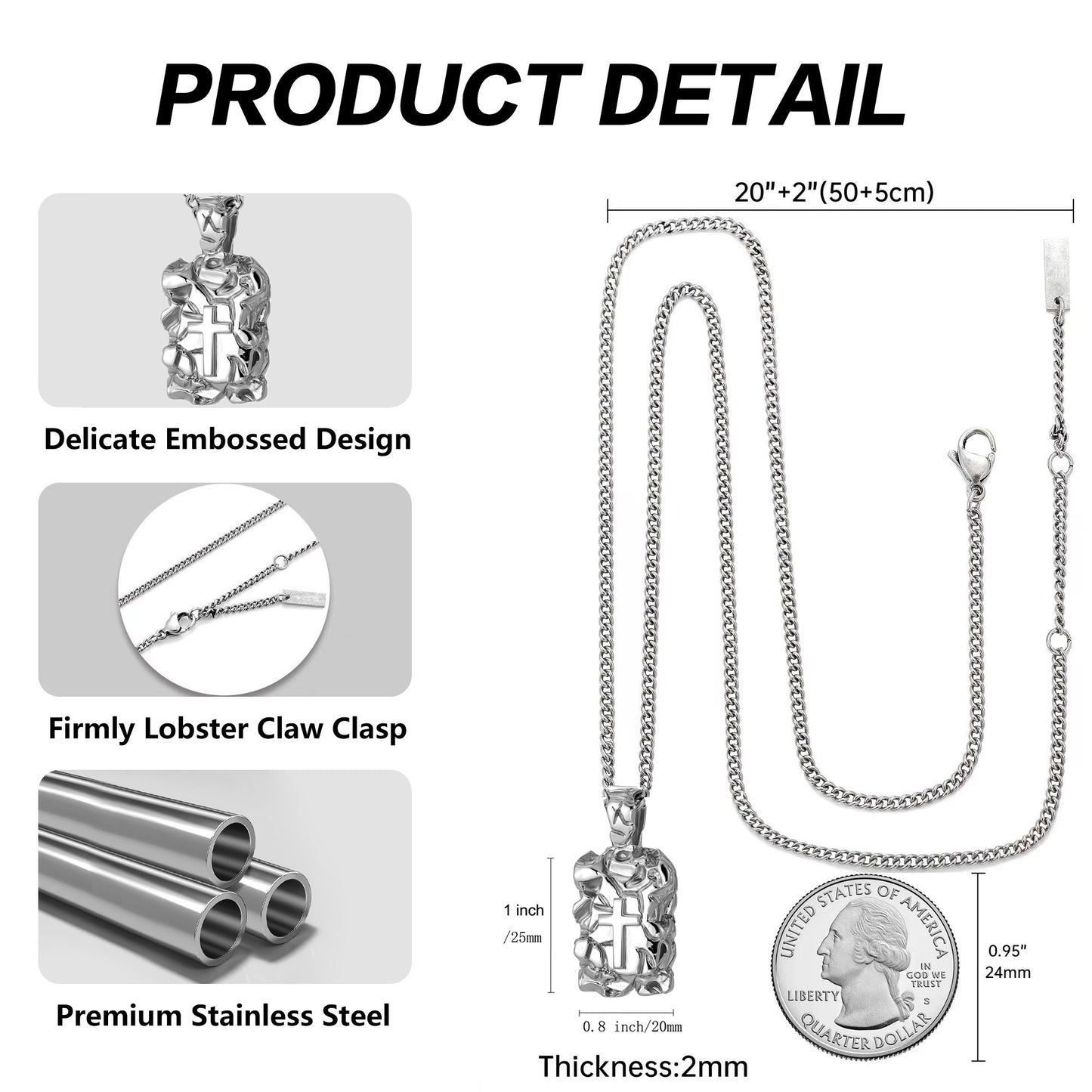 Cross Necklace for Men Women, Curb Chain Wheat Chain Options, Stainless Steel, Faith Jewelry for Everyday Wear