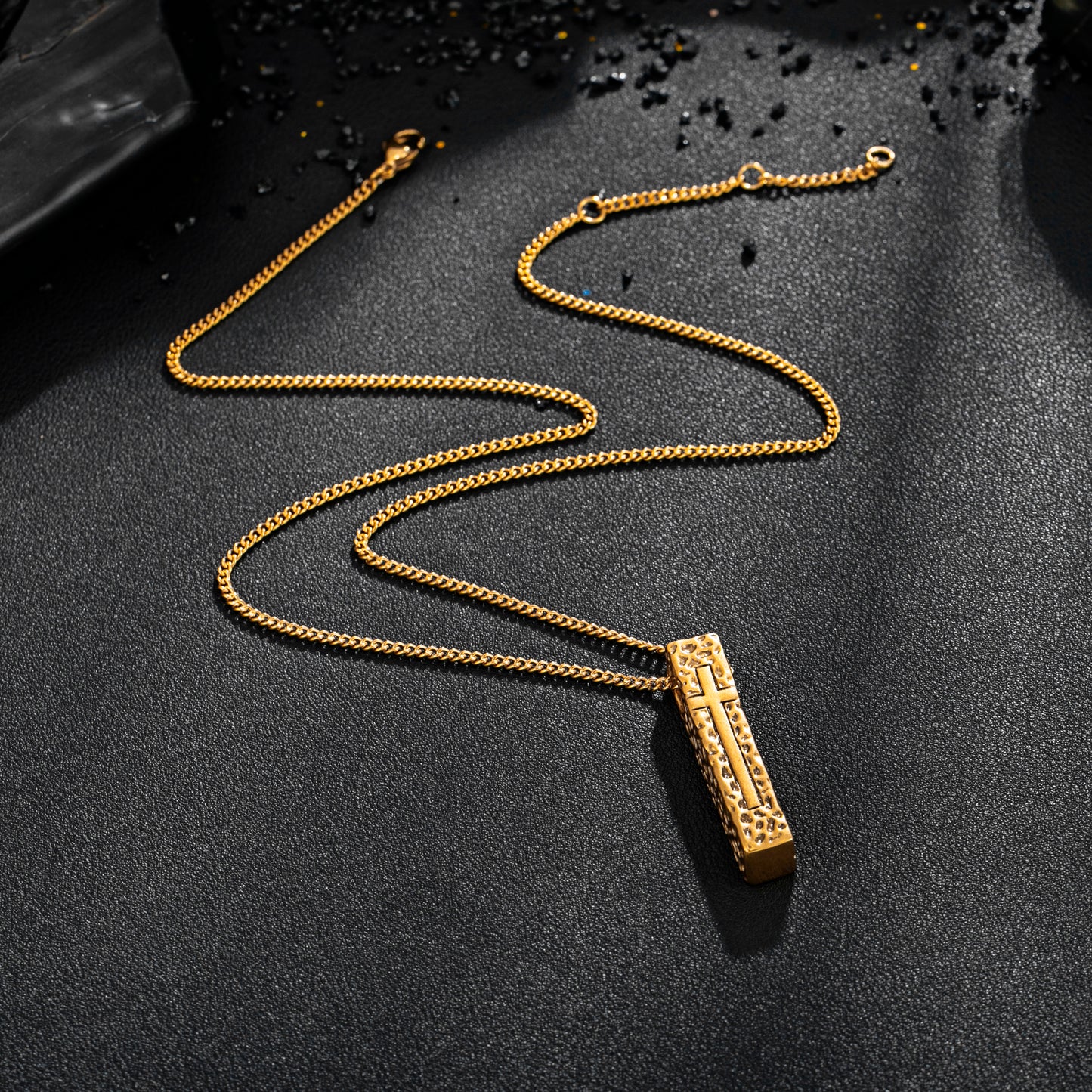 Cross Necklace for Men Women, Stainless Steel Textured Bar Design with Wheat Chain, Religious Faith Jewelry Gift