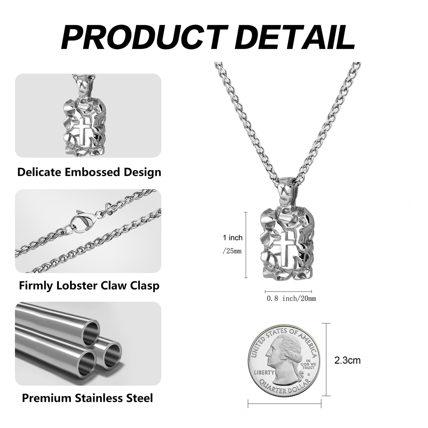 Cross Necklace for Men Women, Curb Chain Wheat Chain Options, Stainless Steel, Faith Jewelry for Everyday Wear