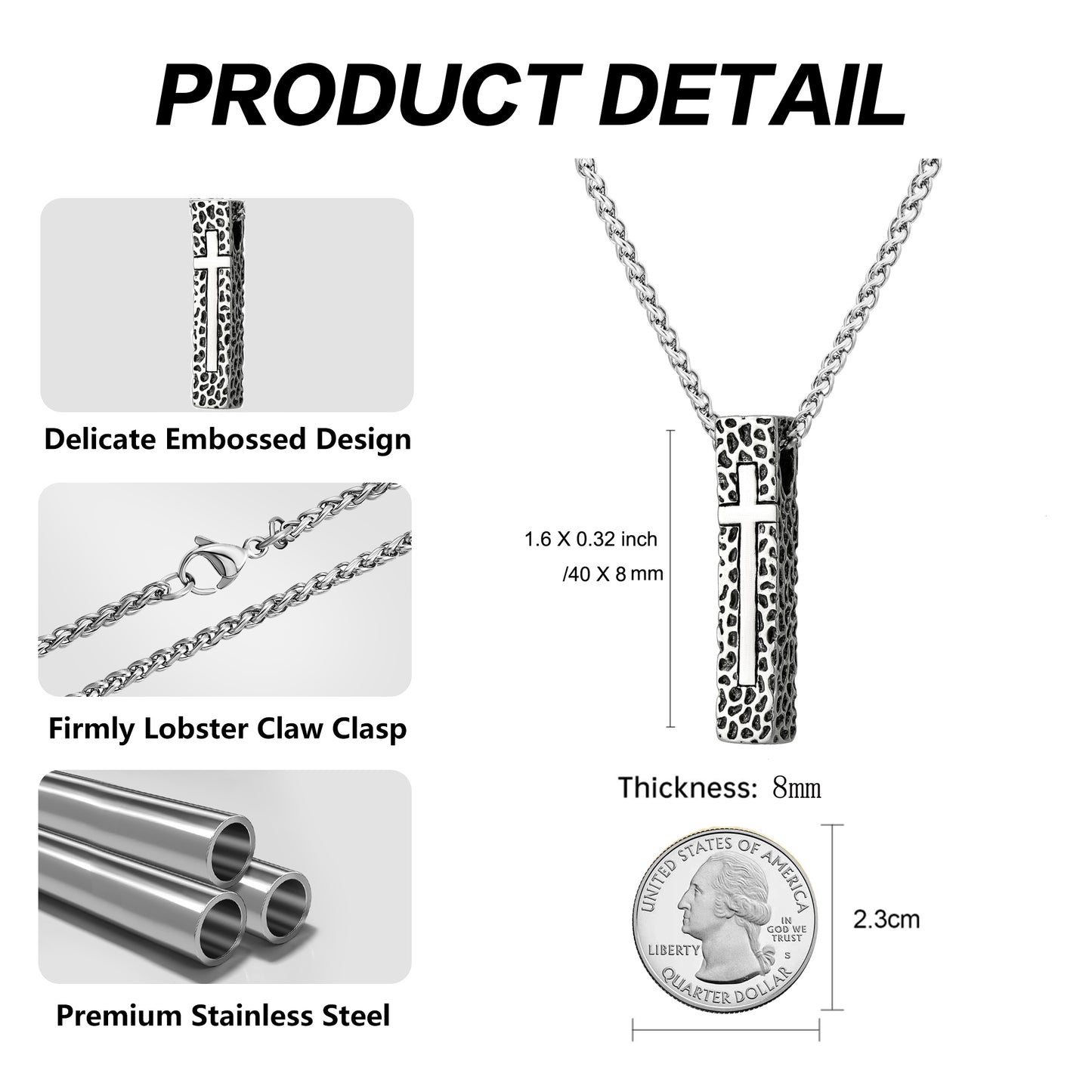 Cross Necklace for Men Women, Stainless Steel Textured Bar Design with Wheat Chain, Religious Faith Jewelry Gift