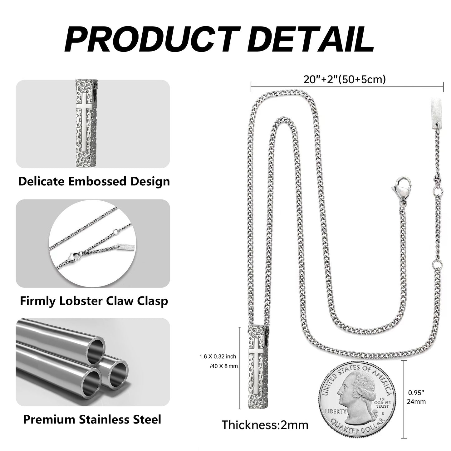 Cross Necklace for Men Women, Stainless Steel Textured Bar Design with Wheat Chain, Religious Faith Jewelry Gift