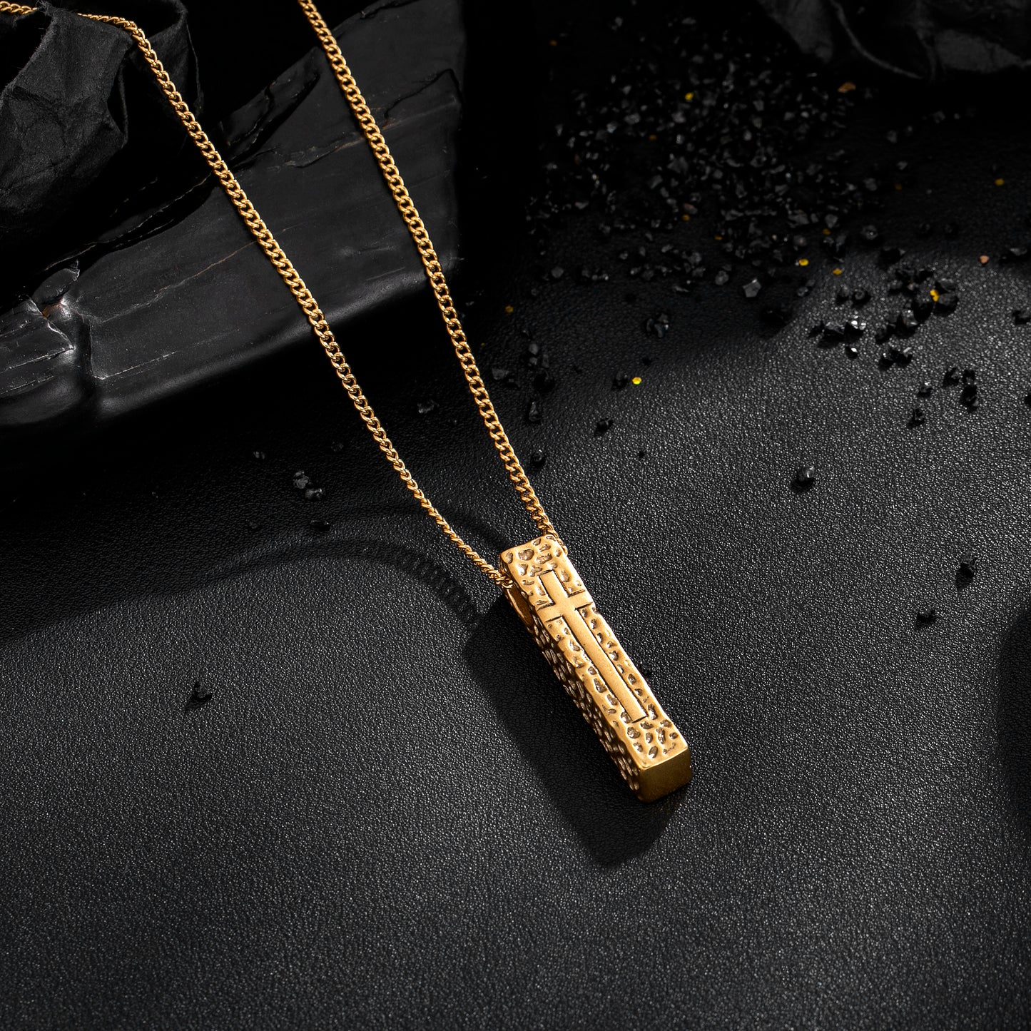 Cross Necklace for Men Women, Stainless Steel Textured Bar Design with Wheat Chain, Religious Faith Jewelry Gift