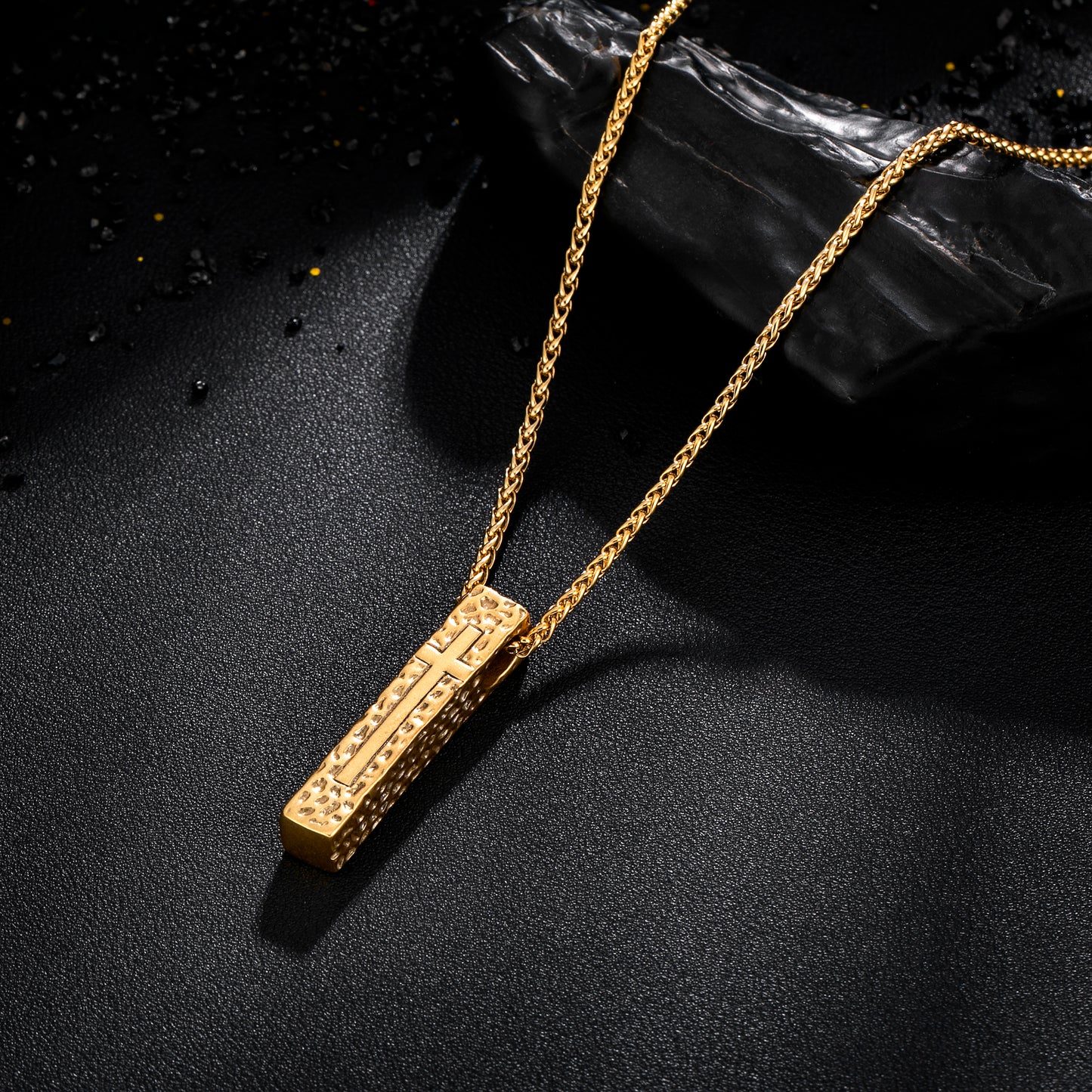 Cross Necklace for Men Women, Stainless Steel Textured Bar Design with Wheat Chain, Religious Faith Jewelry Gift