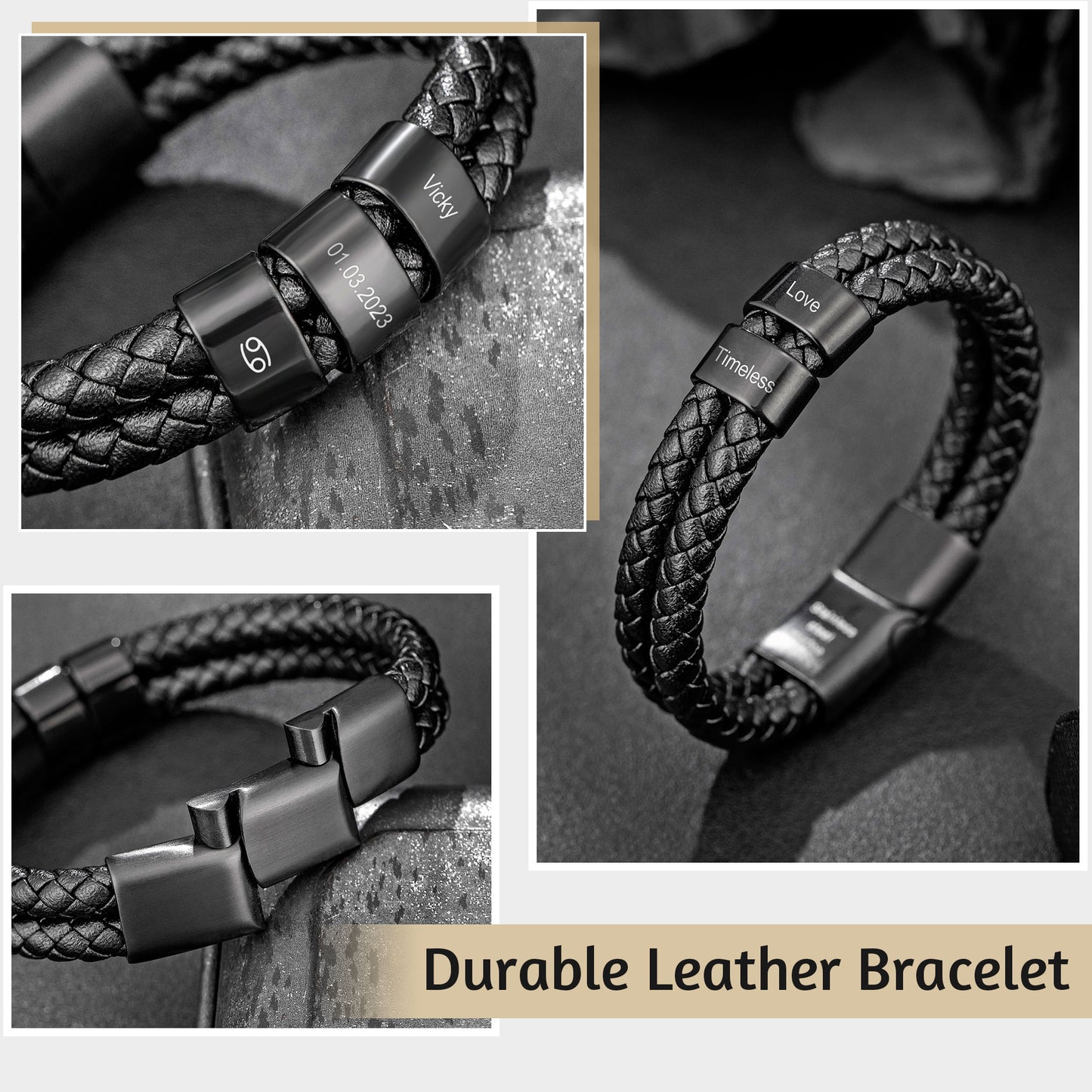 Personalized Leather Bracelet-7 Rings B00481