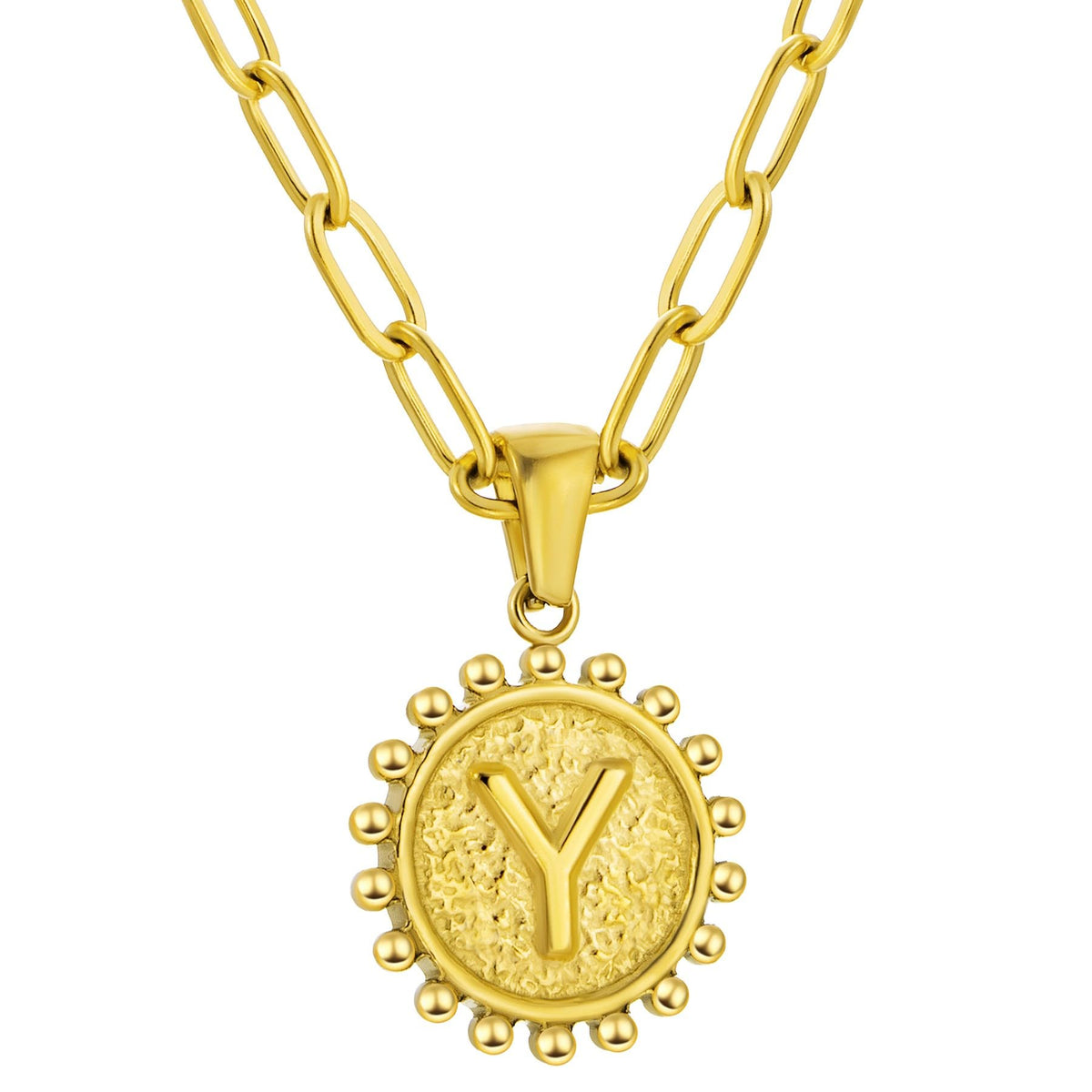 Initial Necklace for Women, Round Coin Letter Pendant, Textured Medallion Charm, Paperclip Chain Jewelry for Daily Wear