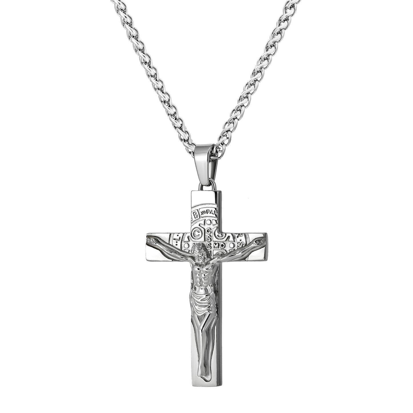Cross Necklace for Men Women, Stainless Steel Crucifix Cross with Curb Chain Wheat Chain, Religious Faith Jewelry, Gift for Family