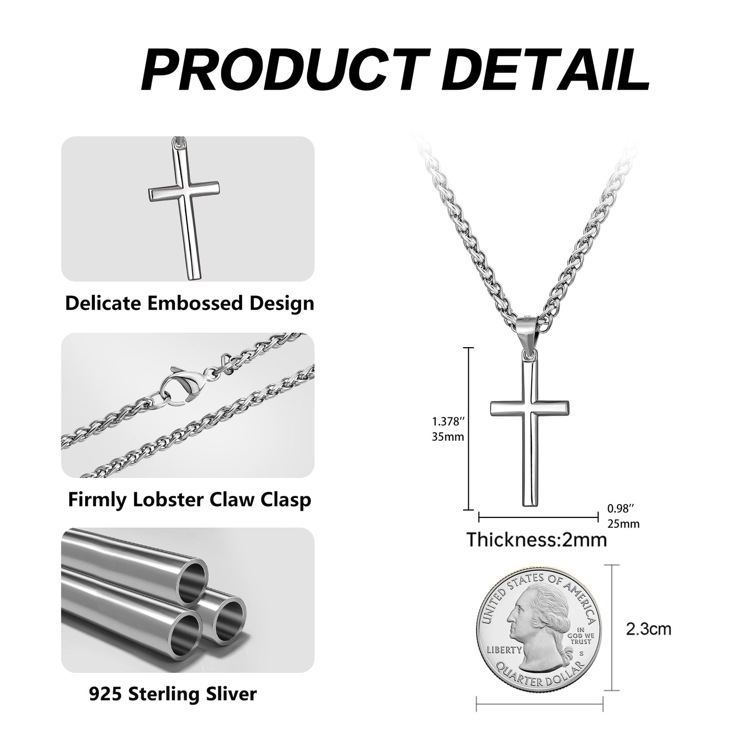 925 Sterling Silver Cross Necklace Wheat Chain N01823