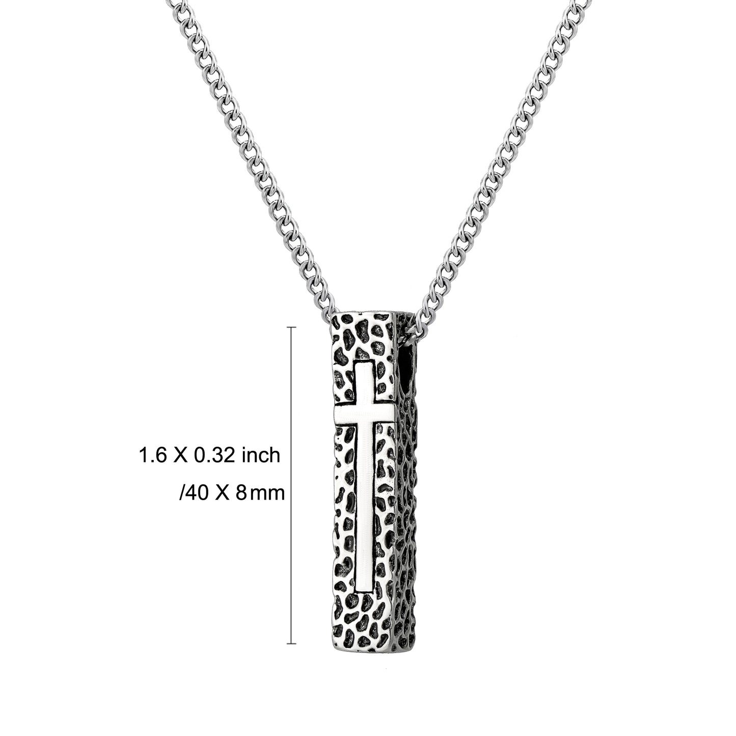 Cross Necklace for Men Women, Stainless Steel Textured Bar Design with Wheat Chain, Religious Faith Jewelry Gift