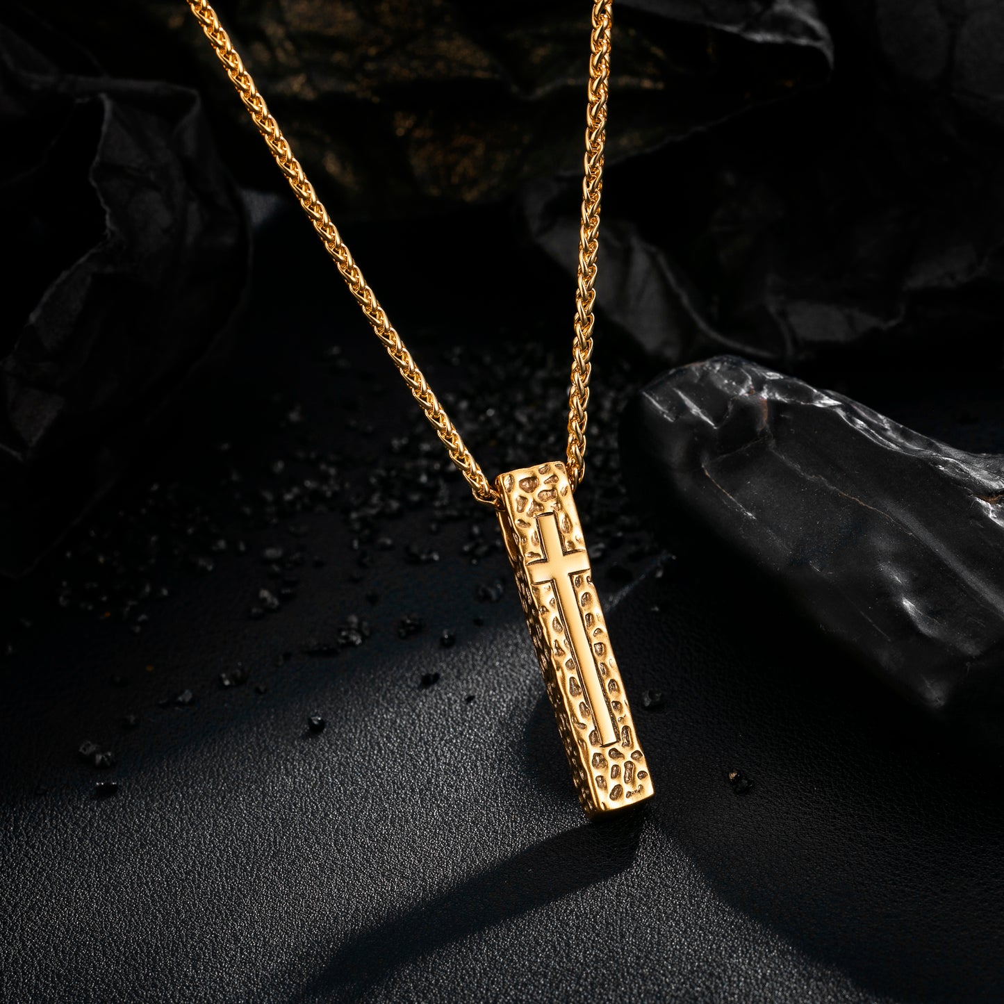 Cross Necklace for Men Women, Stainless Steel Textured Bar Design with Wheat Chain, Religious Faith Jewelry Gift