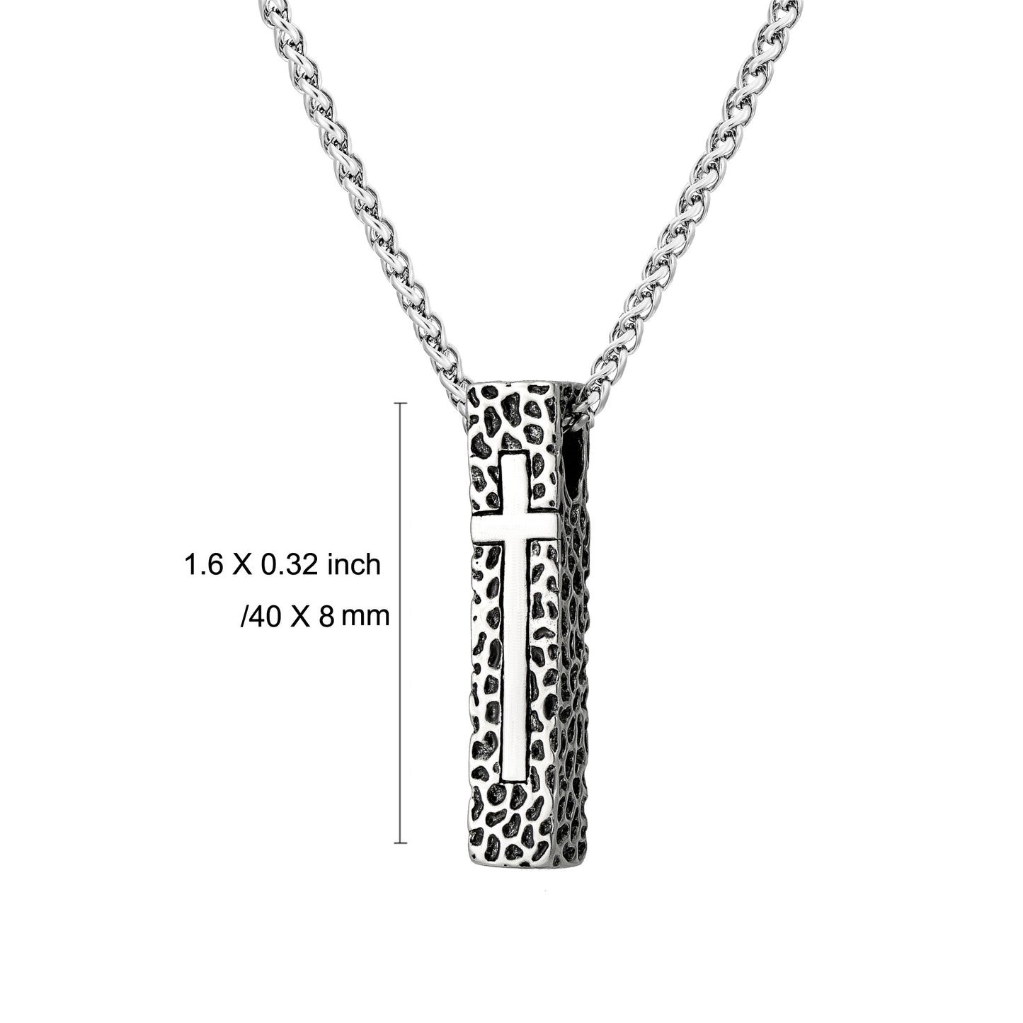 Cross Necklace for Men Women, Stainless Steel Textured Bar Design with Wheat Chain, Religious Faith Jewelry Gift