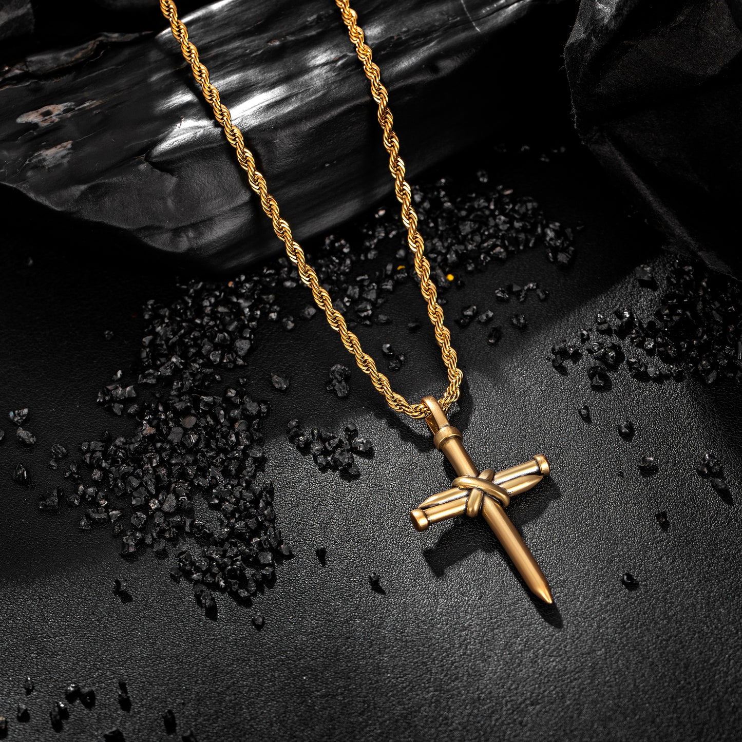 Antique Gold Nail Cross Necklace Twisted Rope Chain N01632