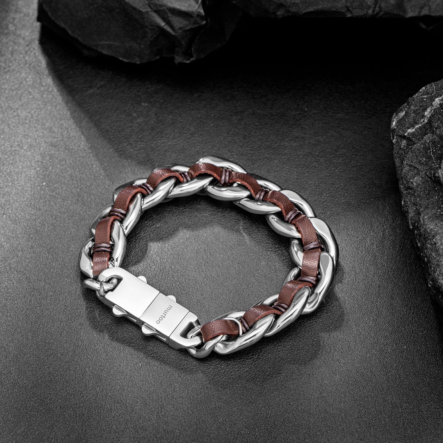 Cuban Link Bracelet For Men with Leather B00822