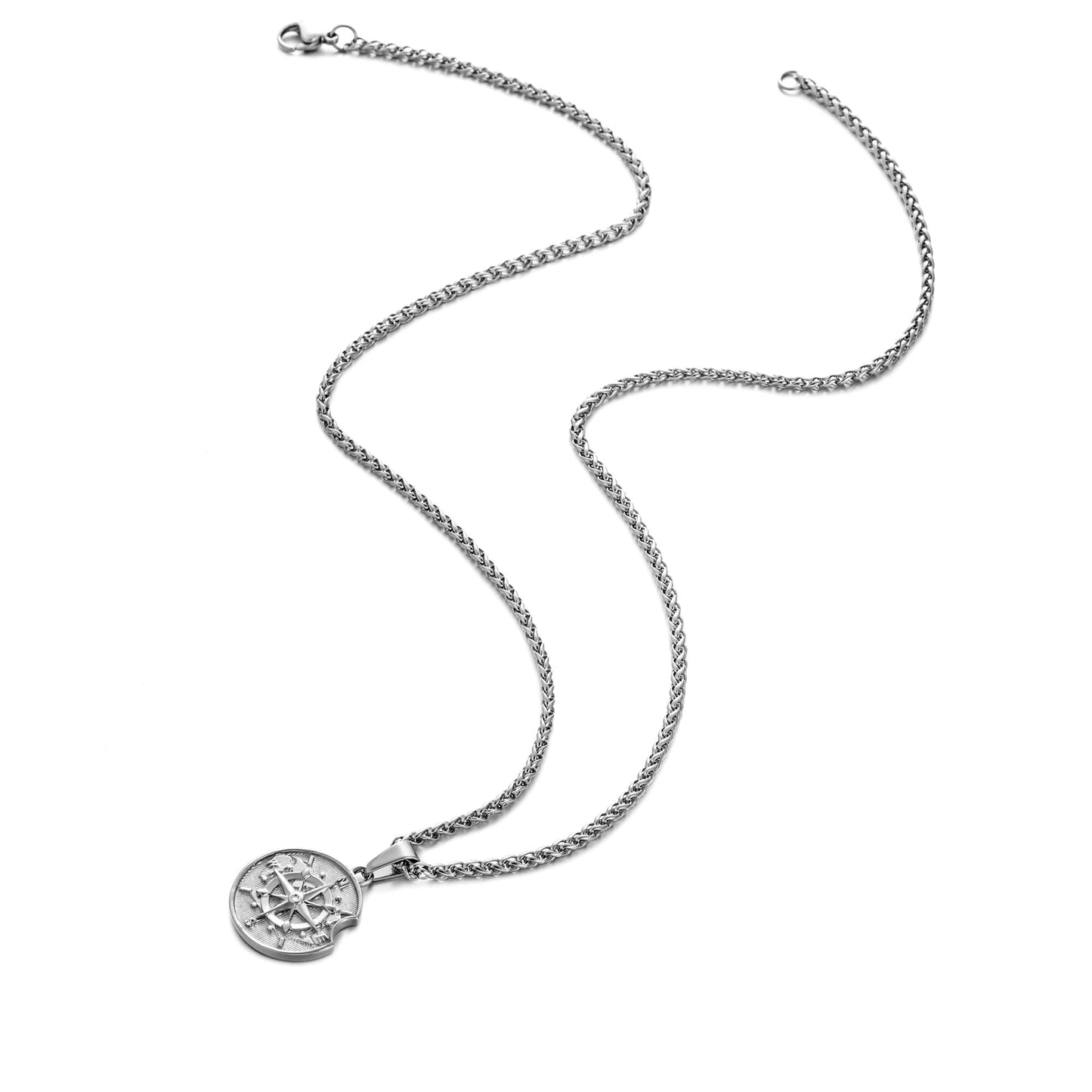 Silver Compass Apple Pendant Necklace Wheat Chain N00387