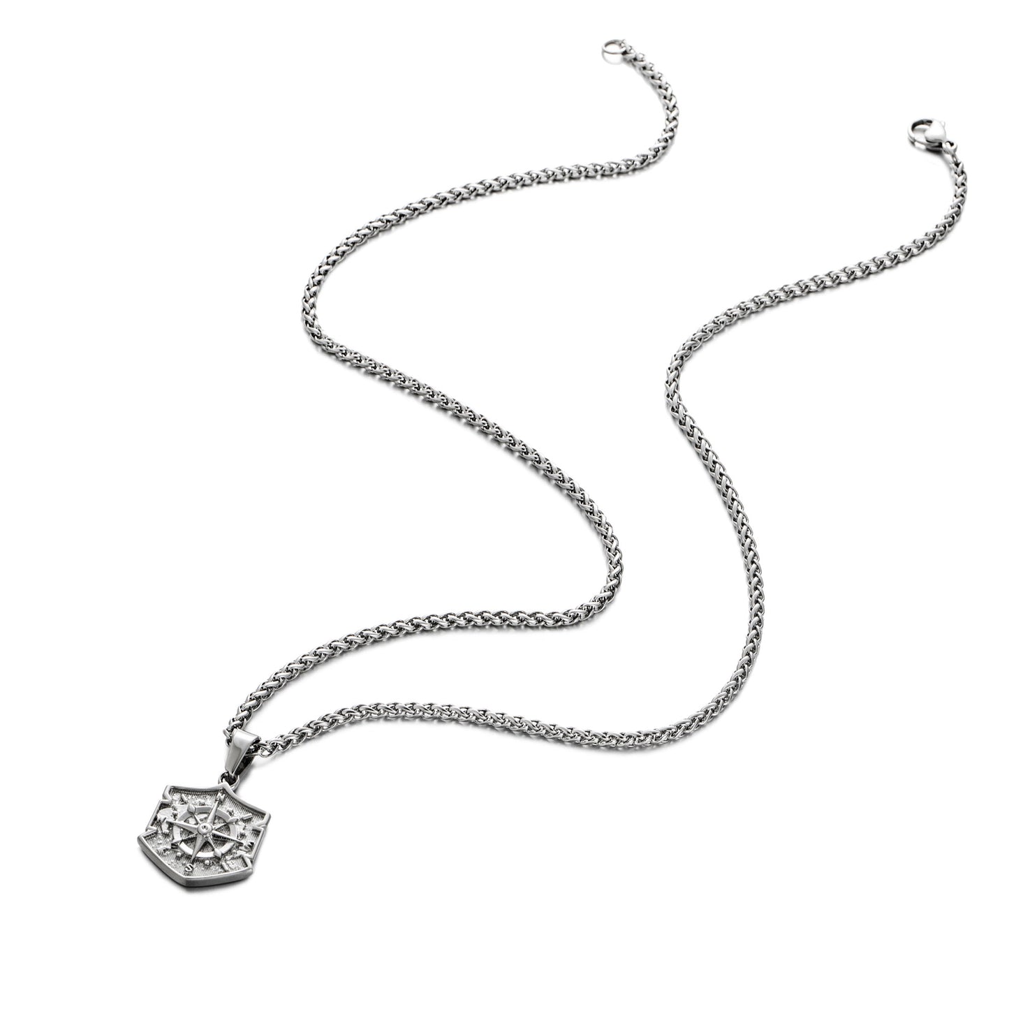 Silver Shield Compass Pendant Necklace Wheat Chain N00395