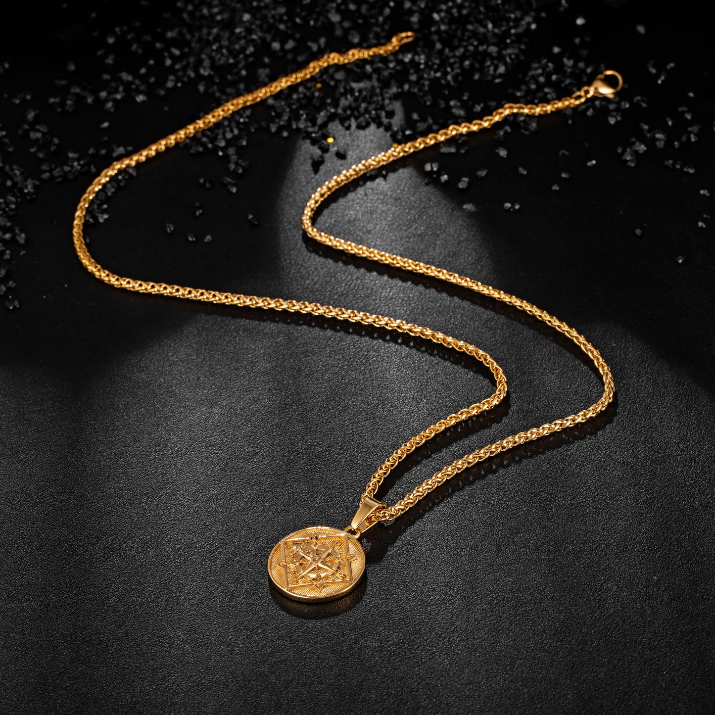 Gold Coin Compass Pendant Necklace Wheat Chain N00383