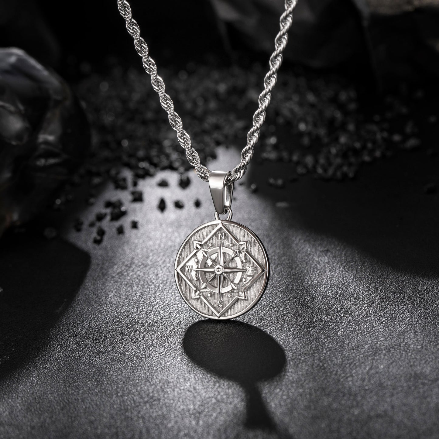 Silver Coin Compass Pendant Necklace Twisted Rope Chain N00378