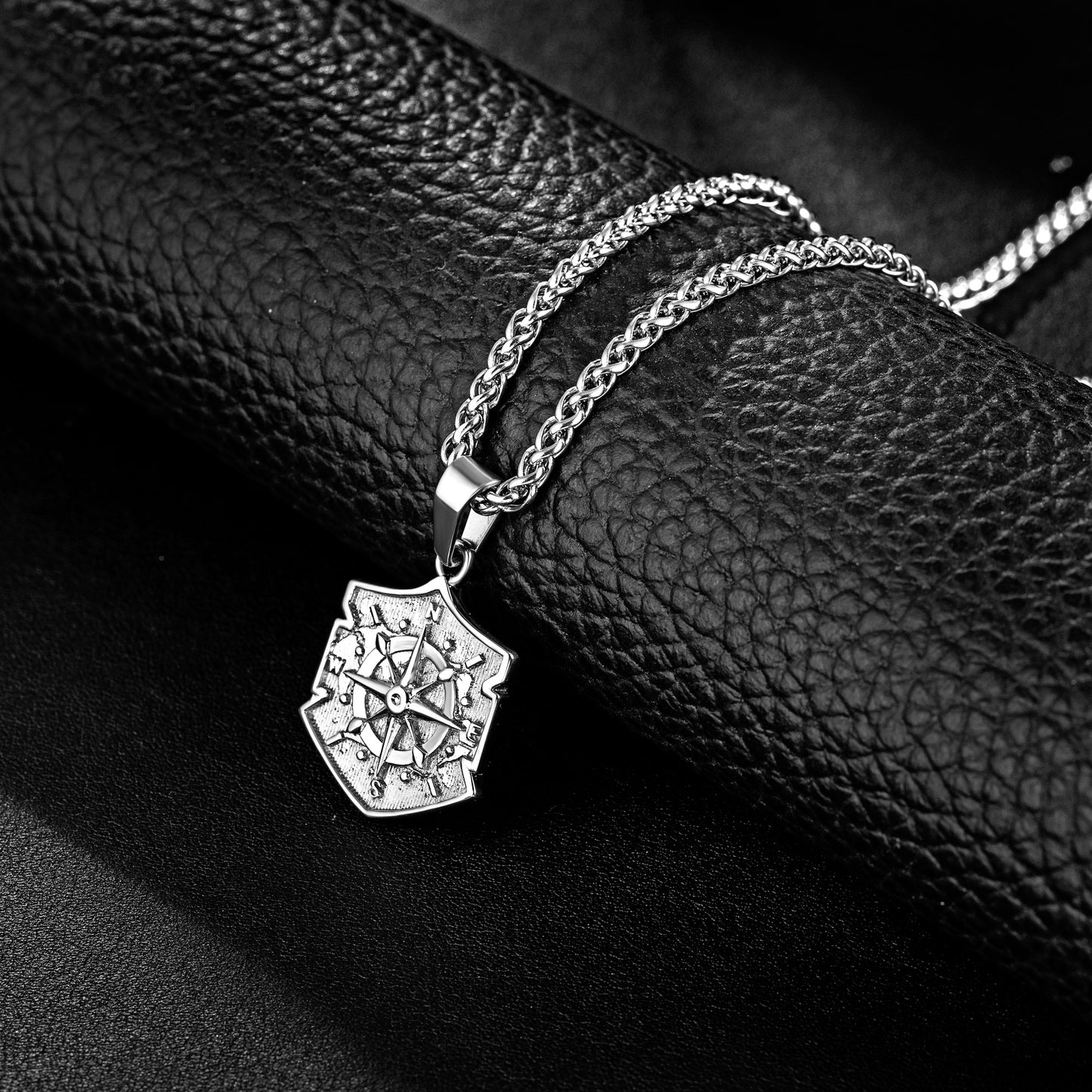 Silver Shield Compass Pendant Necklace Wheat Chain N00395