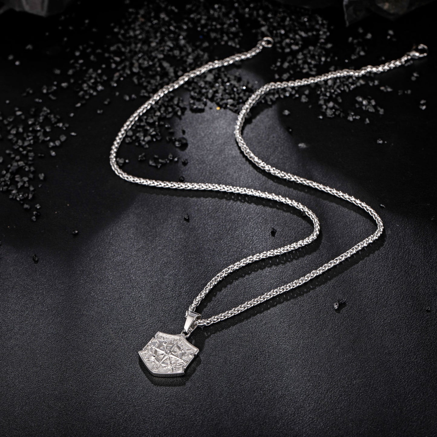 Silver Shield Compass Pendant Necklace Wheat Chain N00395