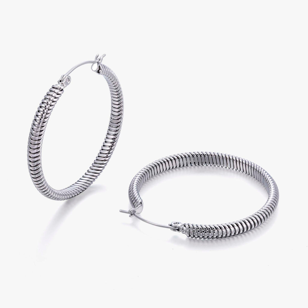 Stainless Steel Hoop Earrings for Women, Spiral Textured Silver Earrings, Ribbed Geometric Round Jewelry Accessories for Daily Wear
