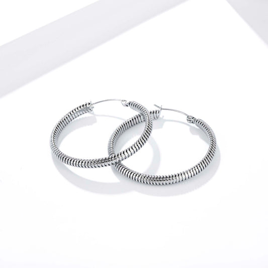Stainless Steel Hoop Earrings for Women, Spiral Textured Silver Earrings, Ribbed Geometric Round Jewelry Accessories for Daily Wear