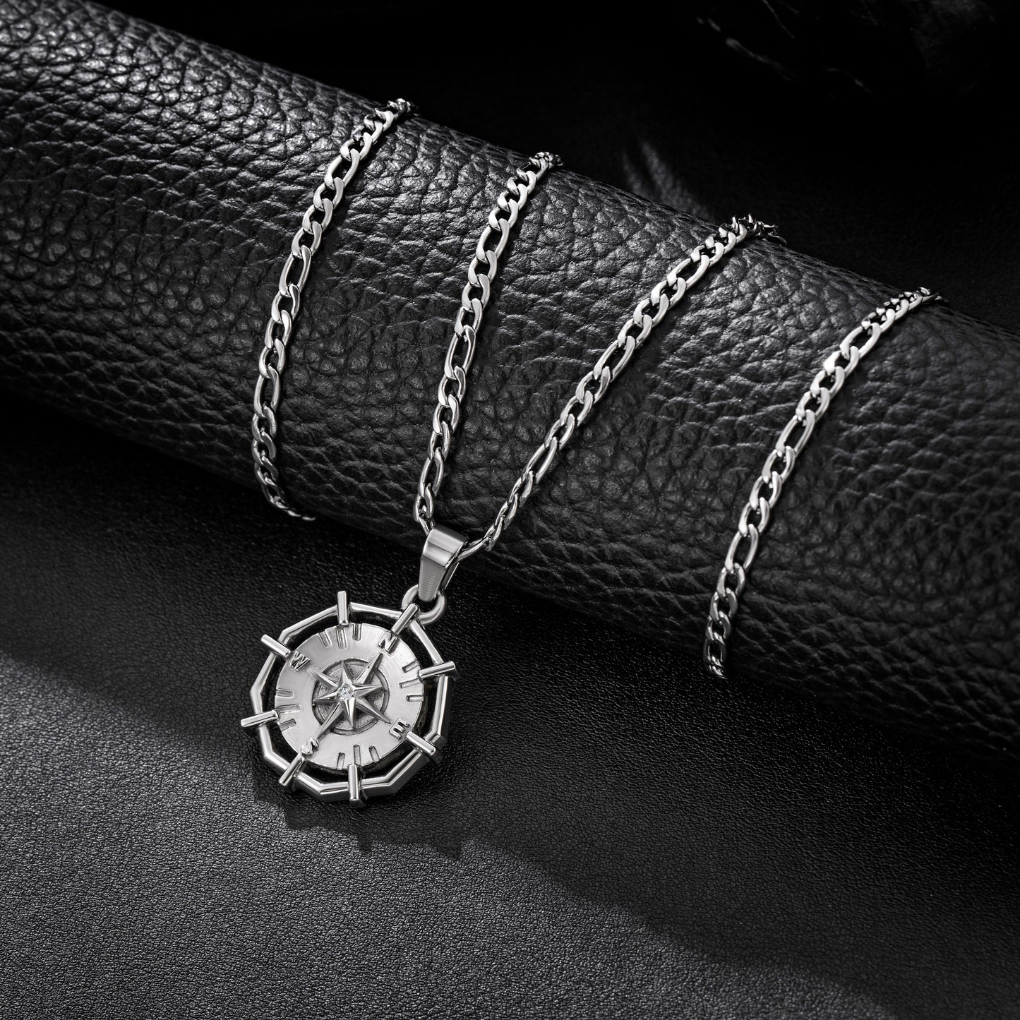 Silver Compass Pendant Necklace Figaro Chain N01866