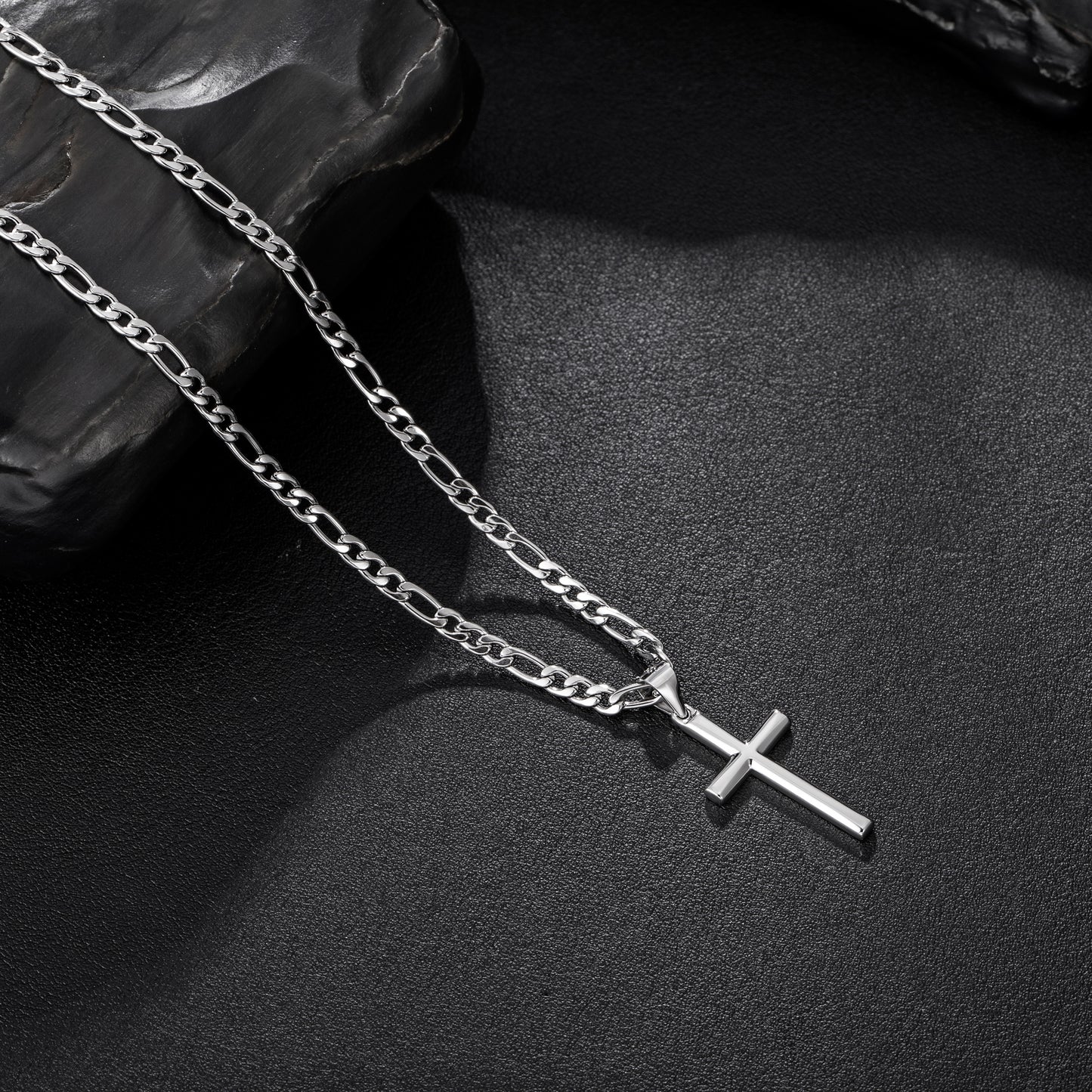 925 Sterling Silver Cross Necklace Figaro Chain N01824