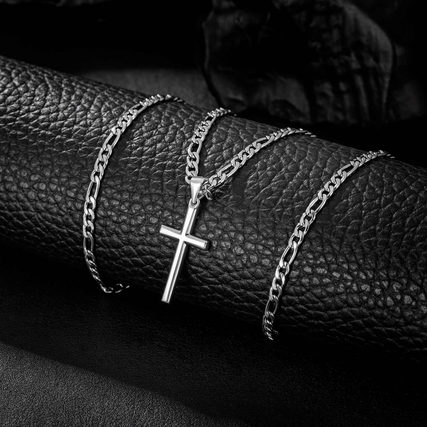 925 Sterling Silver Cross Necklace Figaro Chain N01824