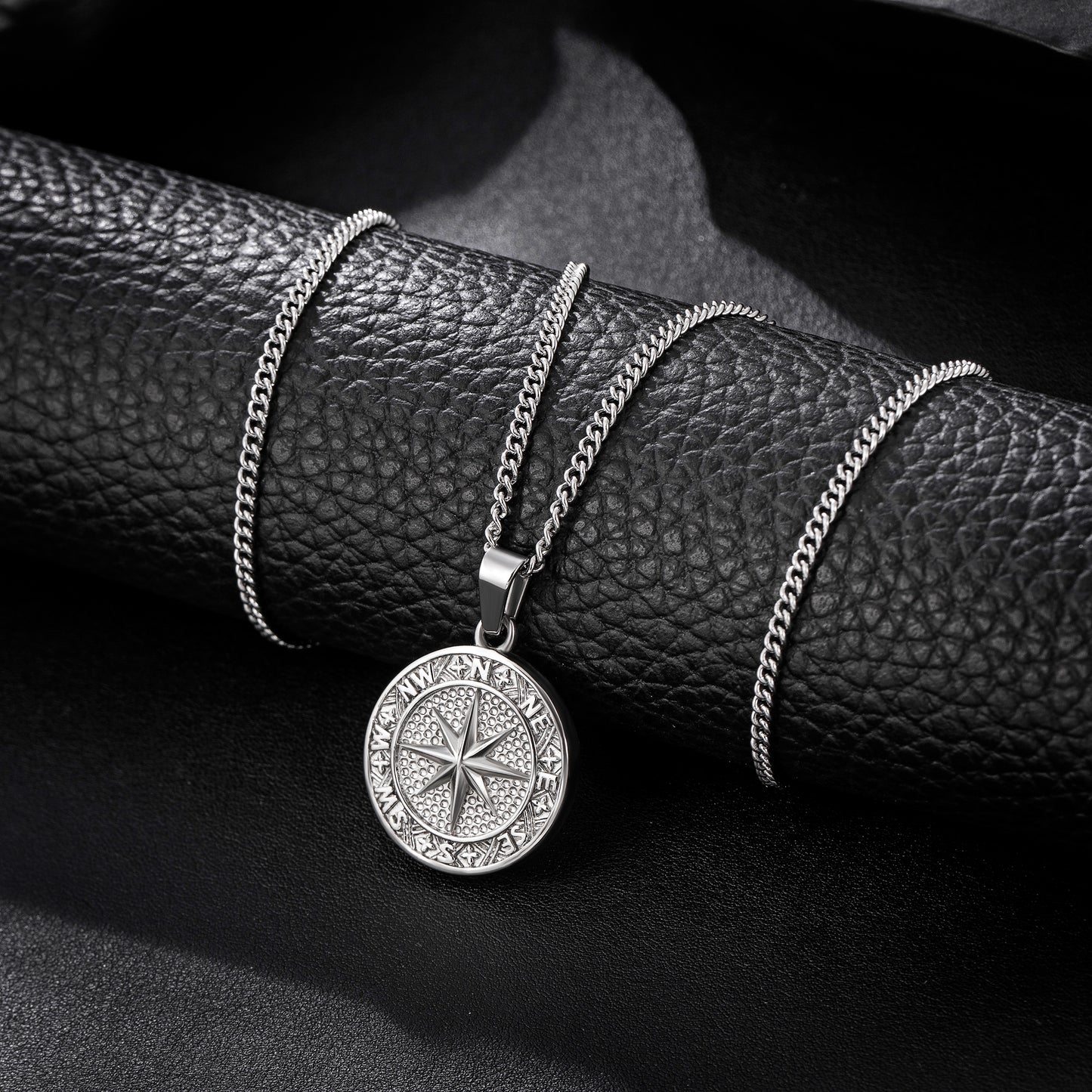 Silver Compass Pendant Necklace Curb Chain N02128