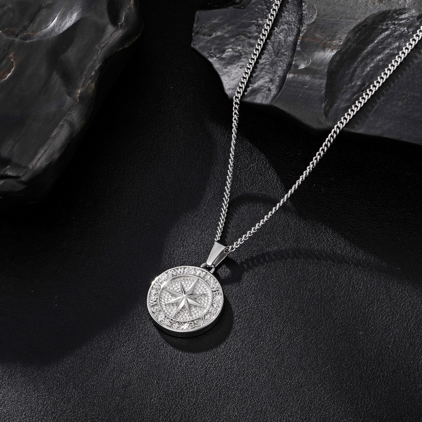 Silver Compass Pendant Necklace Curb Chain N02128