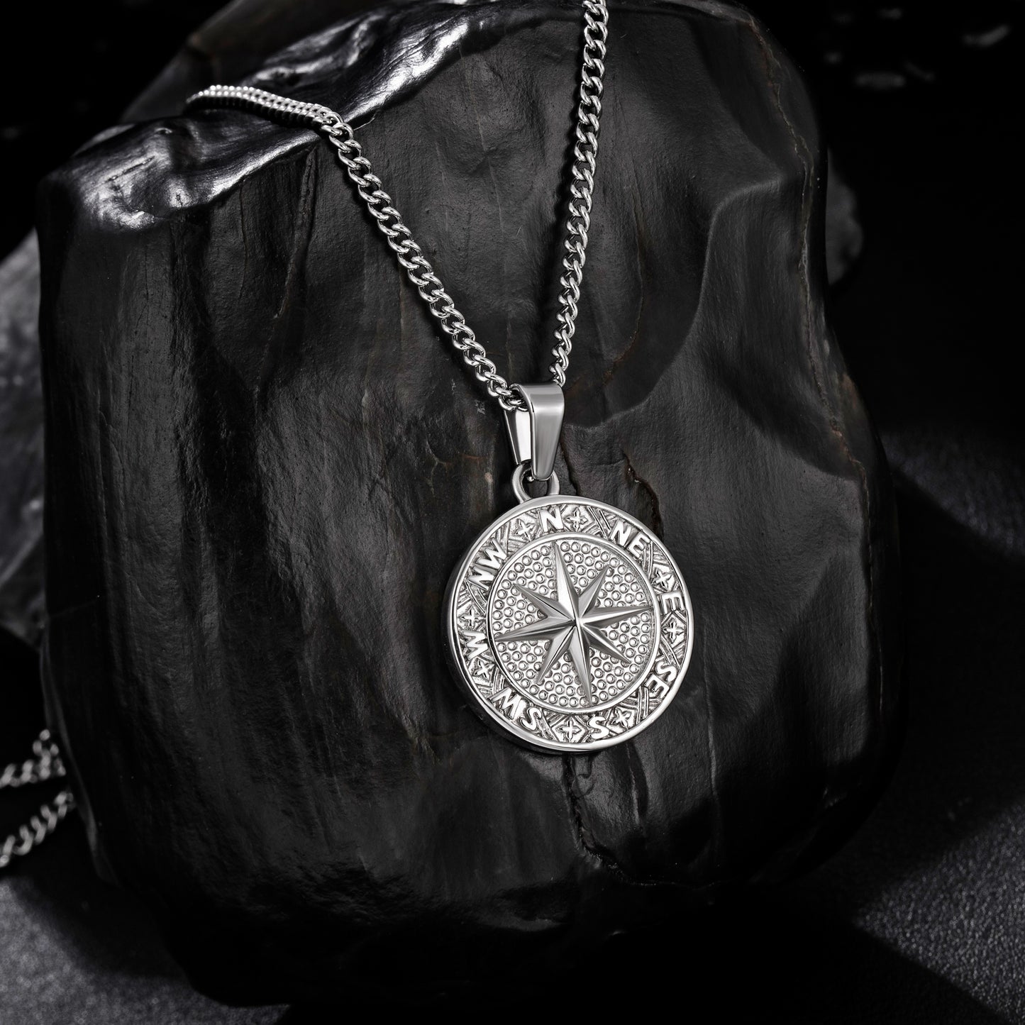 Silver Compass Pendant Necklace Curb Chain N02128