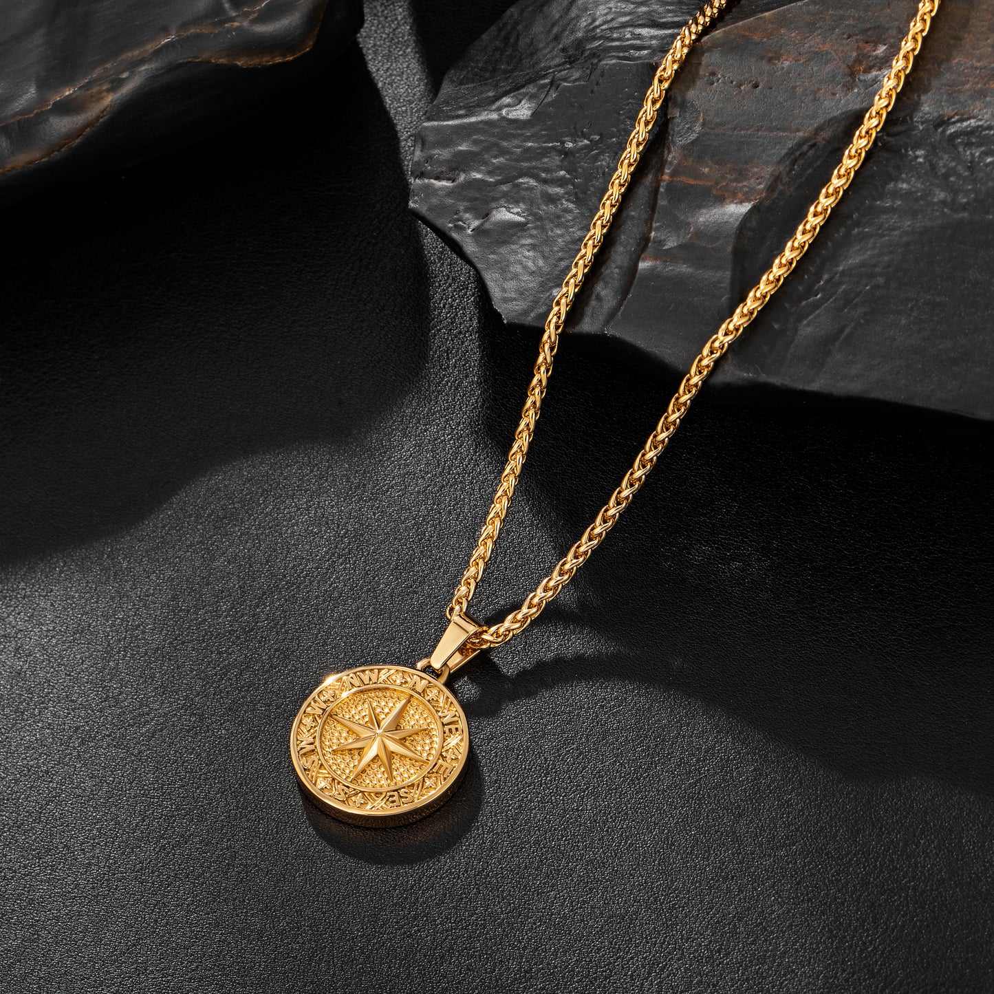 Gold Compass Necklace Wheat Chain N02168