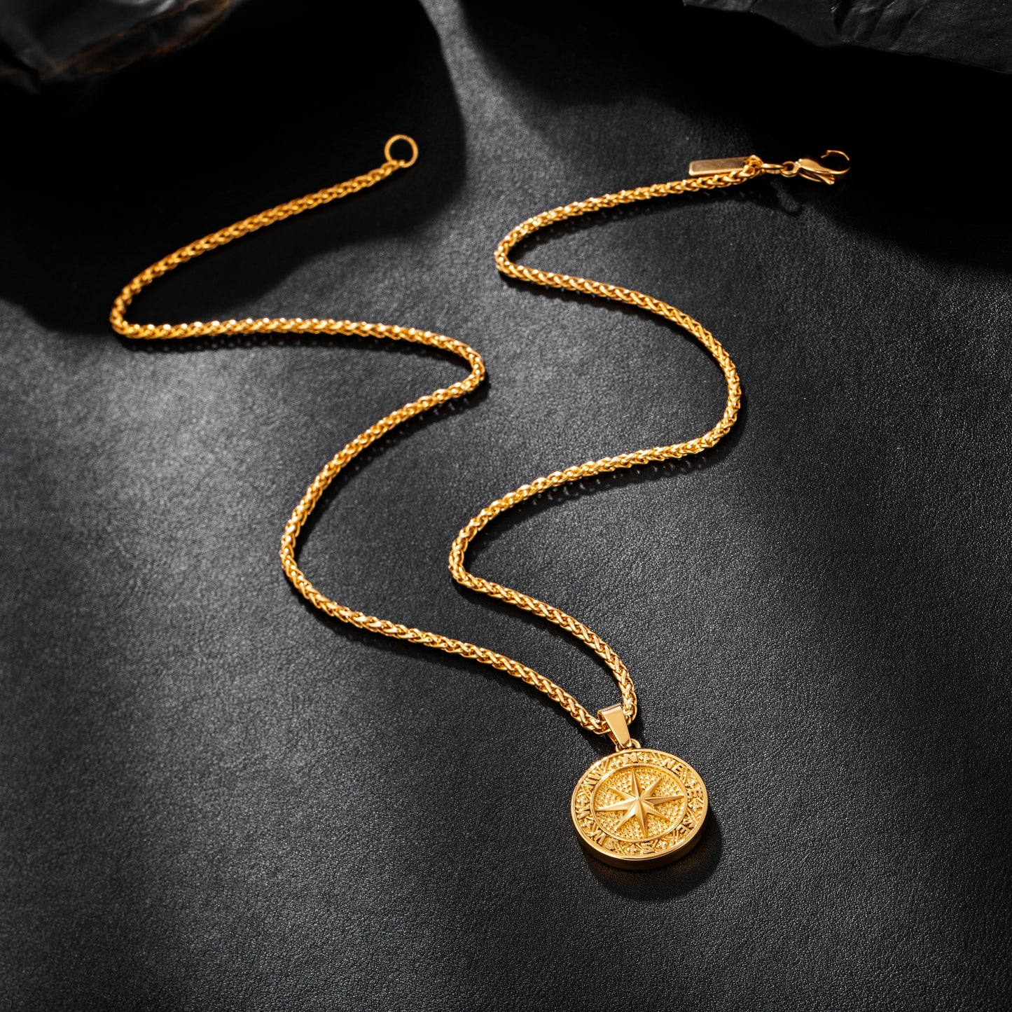 Gold Compass Necklace Wheat Chain N02168