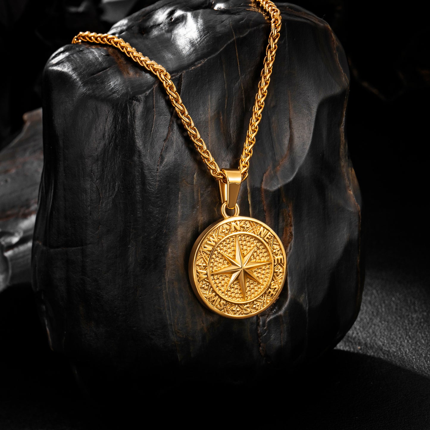 Gold Compass Necklace Wheat Chain N02168