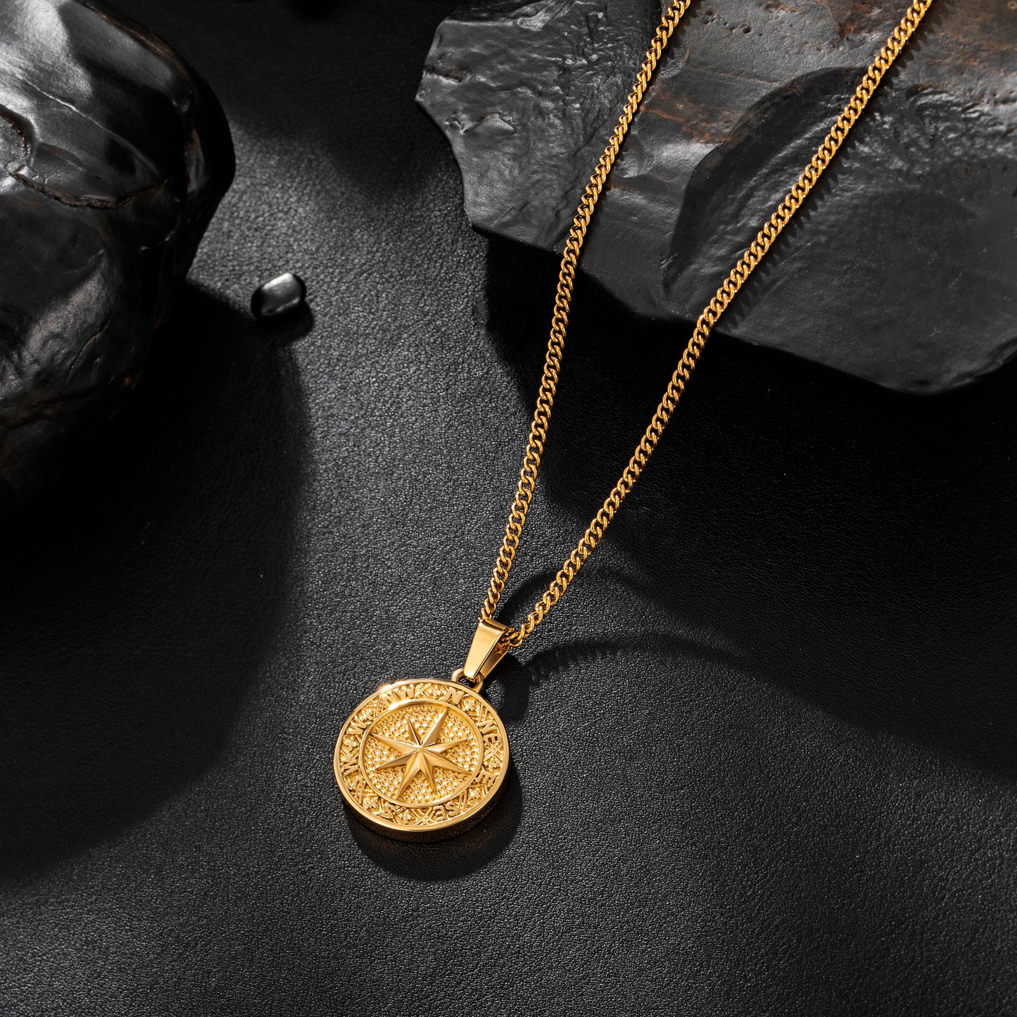 Gold Compass Pendant Necklace Curb Chain N02162