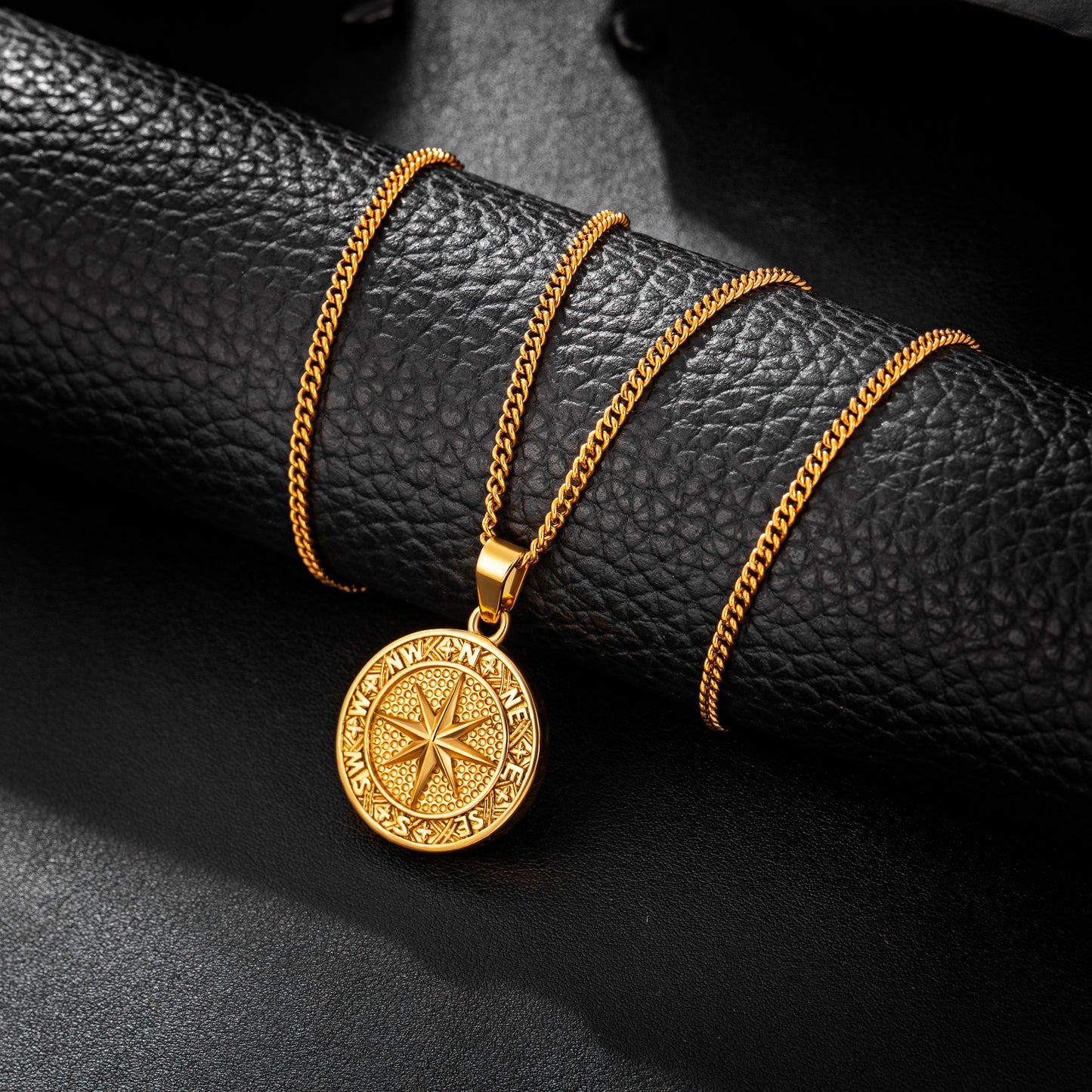 Gold Compass Pendant Necklace Curb Chain N02162